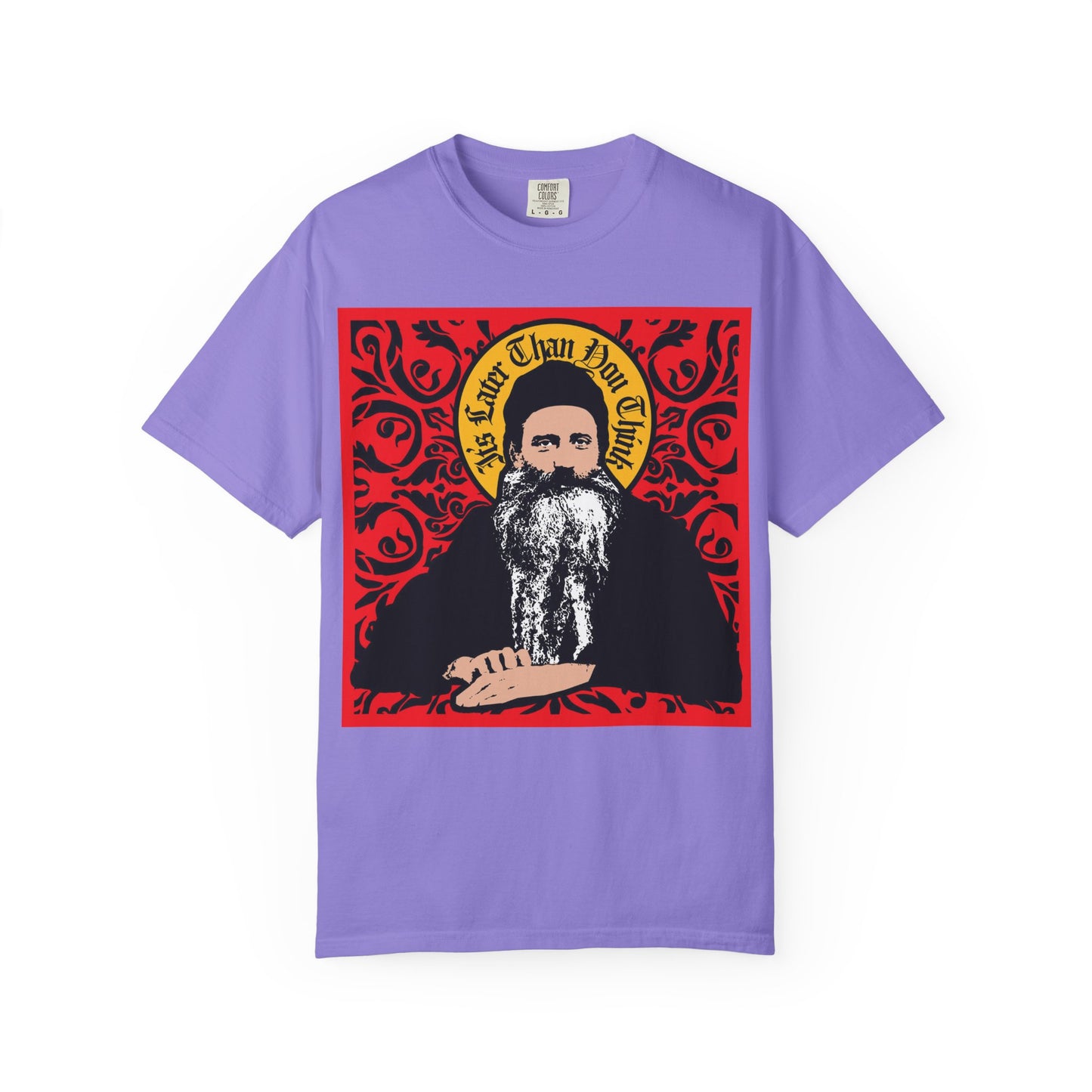 Violet "It's Later Than You Think" heavyweight cotton unisex tee featuring a Saint Seraphim Rose of Platina icono-graphic style bearded figure with a red ornate design in the background.