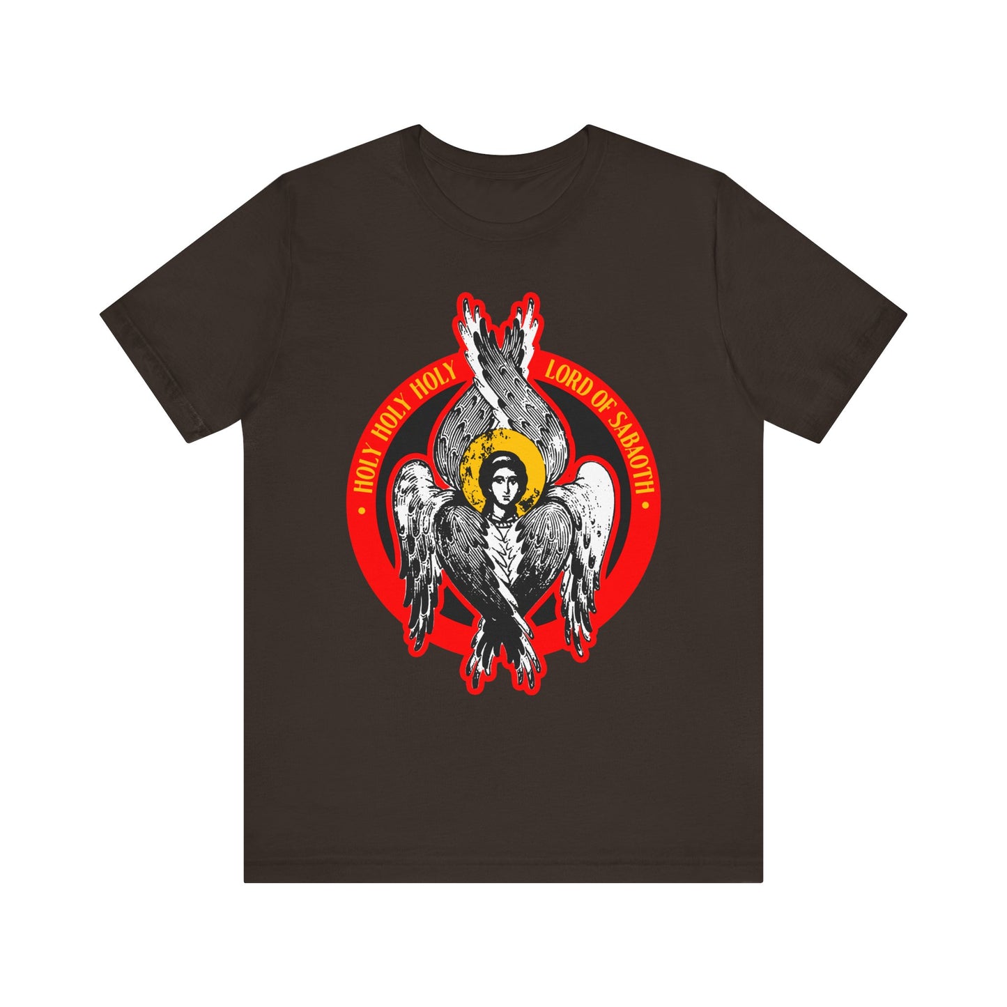 Brown lightweight cotton unisex tee featuring a seraphim angel design, red flames, and "Holy Holy Holy Lord of Sabaoth" text in a red circle, inspired by Isaiah 6.
