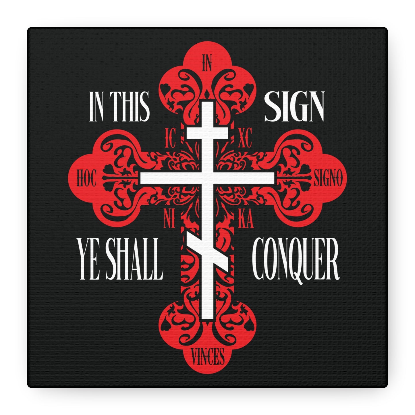 A red ornate Orthodox Holy Cross with "In This Sign Ye Shall Conquer" (In Hoc Signo Vinces, ICXC NIKA) symbolizes Christ’s victory; perfect Christian wall art for spiritual inspiration.