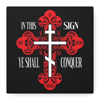 A red ornate Orthodox Holy Cross with "In This Sign Ye Shall Conquer" (In Hoc Signo Vinces, ICXC NIKA) symbolizes Christ’s victory; perfect Christian wall art for spiritual inspiration.