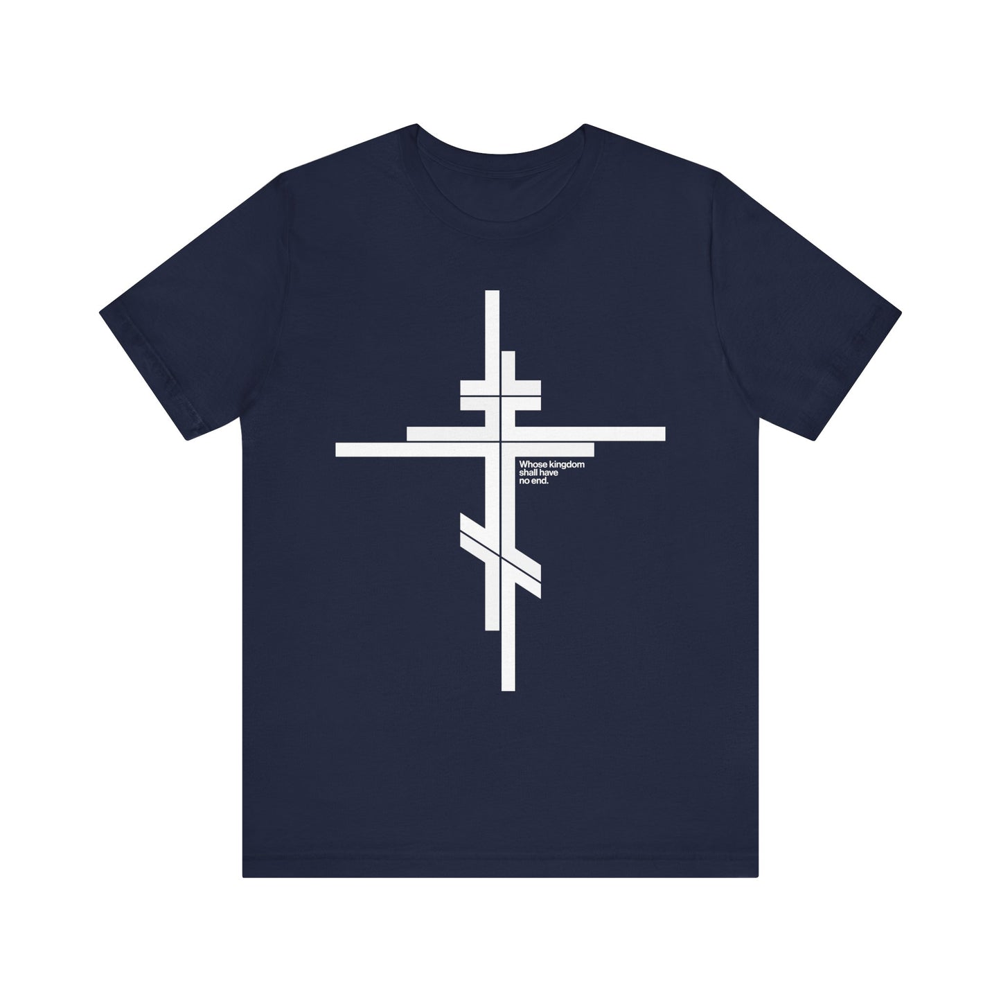 Navy lightweight cotton unisex t-shirt featuring a modernist minimalist Orthodox cross logo and subtle "Whose Kingdom Shall Have No End | Luke 1:32-33" text, symbolizing the enduring spirit of Christ’s kingdom.