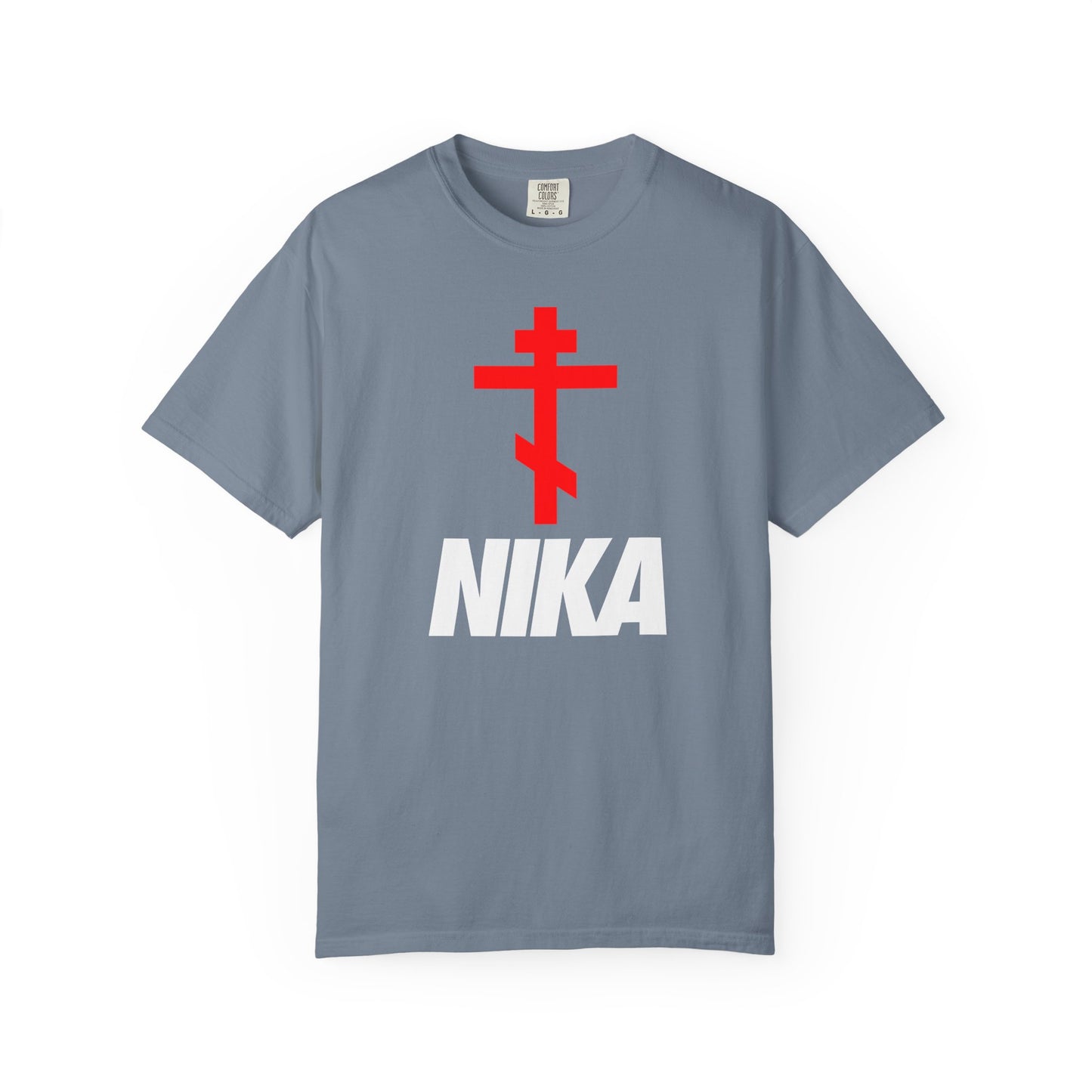Blue Jean unisex tee with a minimalist Orthodox Cross and bold NIKA text in a NIKE logo mashup—athletic ascetic fashion inspired by the victorious spirit of Revelation 3:21. Heavyweight cotton.