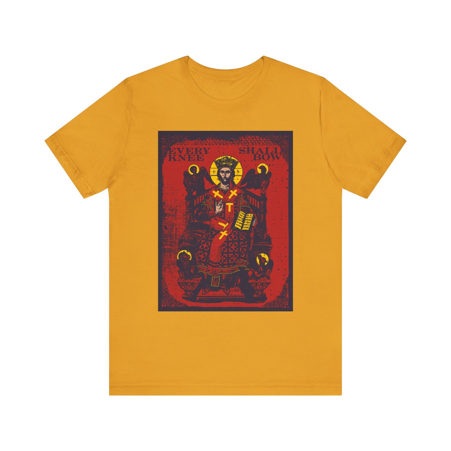 Mustard unisex t-shirt—Every Knee Shall Bow (Phil 2:8-11, Isaiah 45:23)—features a dark Christ Enthroned graphic inspired by Ezekiel's Chariot. Lightweight cotton.