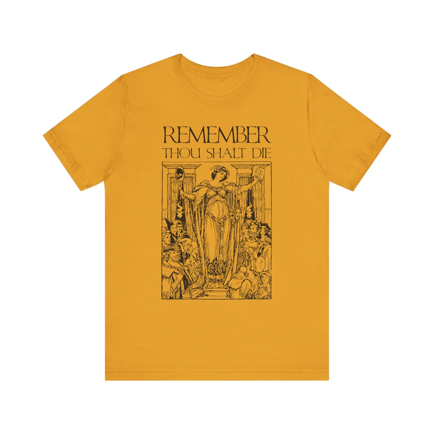 Mustard “Remember You Will Die” Shakespearean tee features a classic woodcut-style death illustration and Christian memento mori theme, inspired by St. Ephraim the Syrian. Lightweight cotton unisex fit.