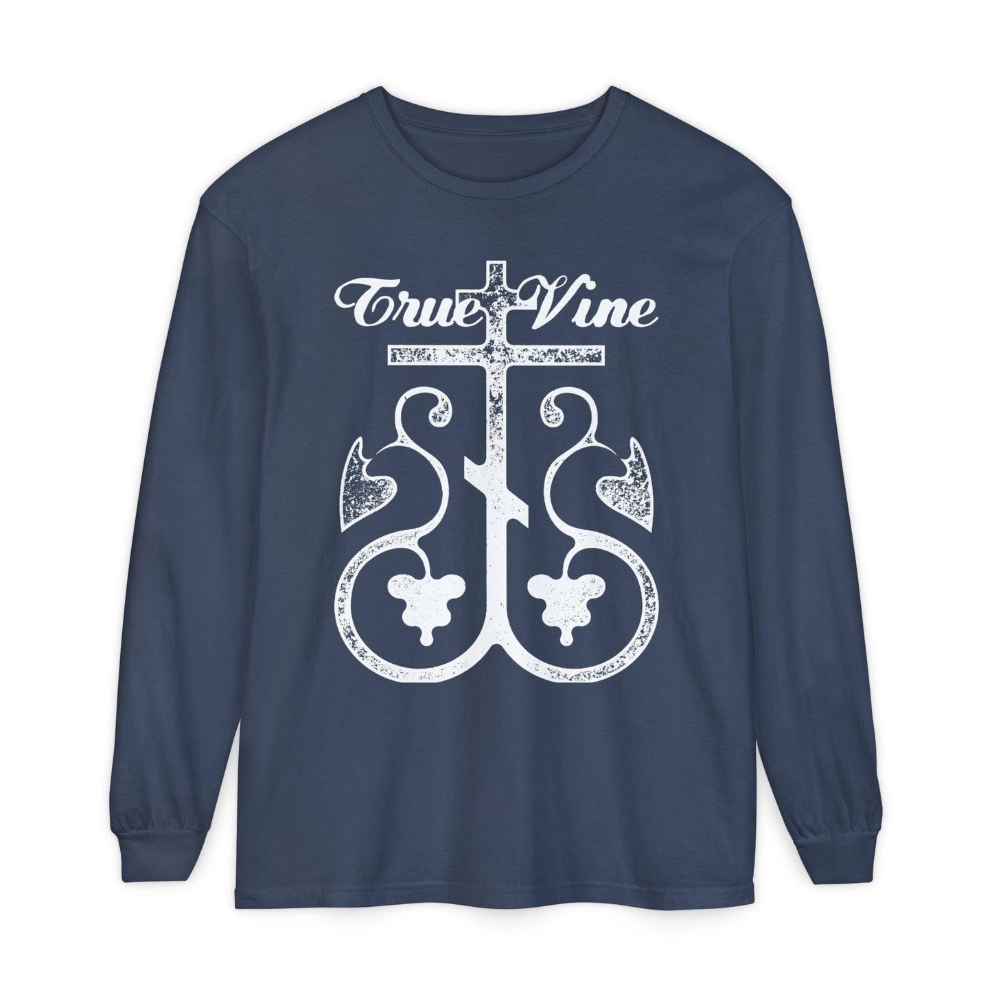 I Am the True Vine (John 15, Ezekiel 15) | Orthodox Cross with Grape Vine | Photocopy Effect | Orthodox Long Sleeve Cotton Shirt