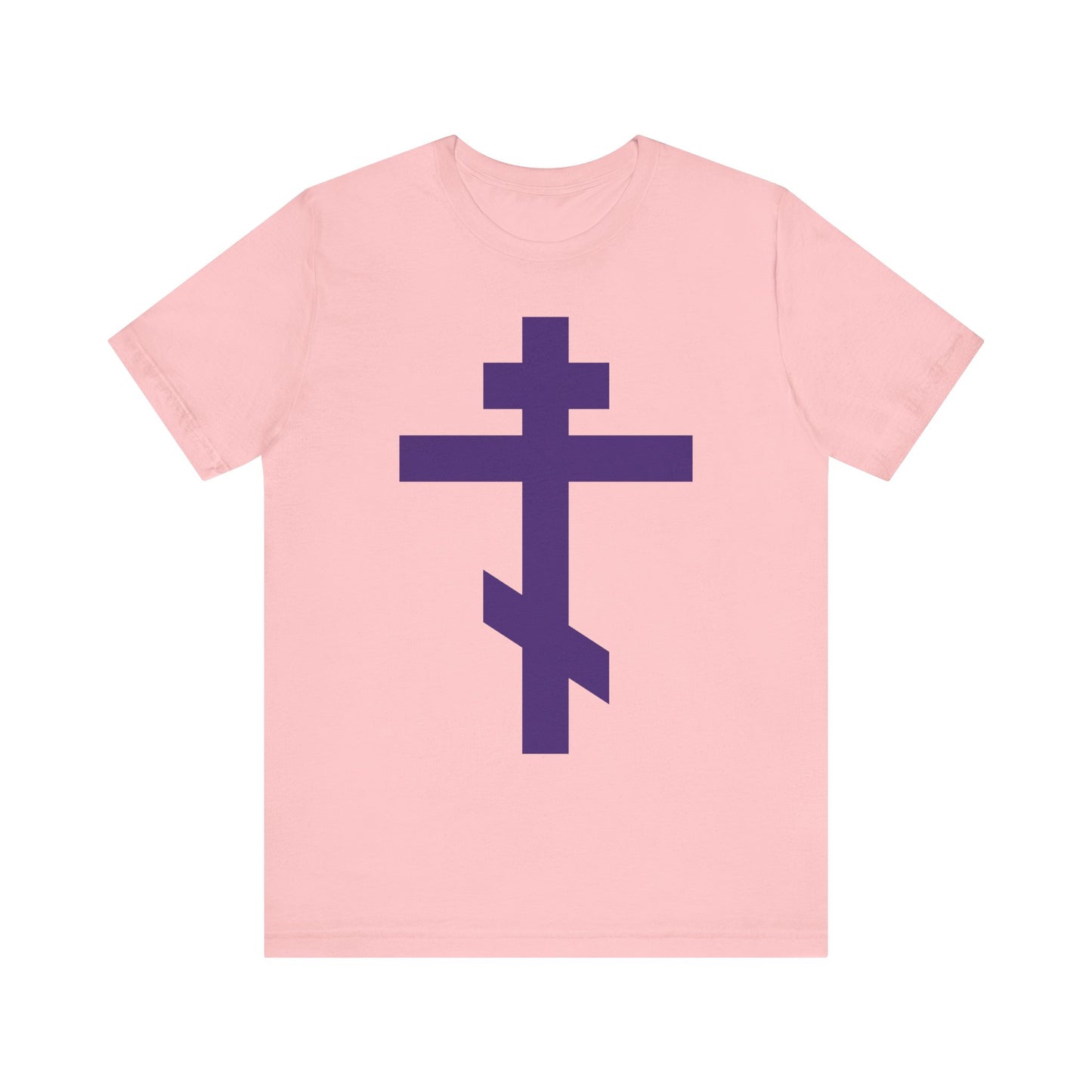 Pink "Purple Orthodox Tribar Cross | Preserve Thy People By Thy Cross, O Lord | Christ is King" unisex lightweight cotton tee featuring a large purple Eastern Orthodox cross symbolizing the Saviour on the front.