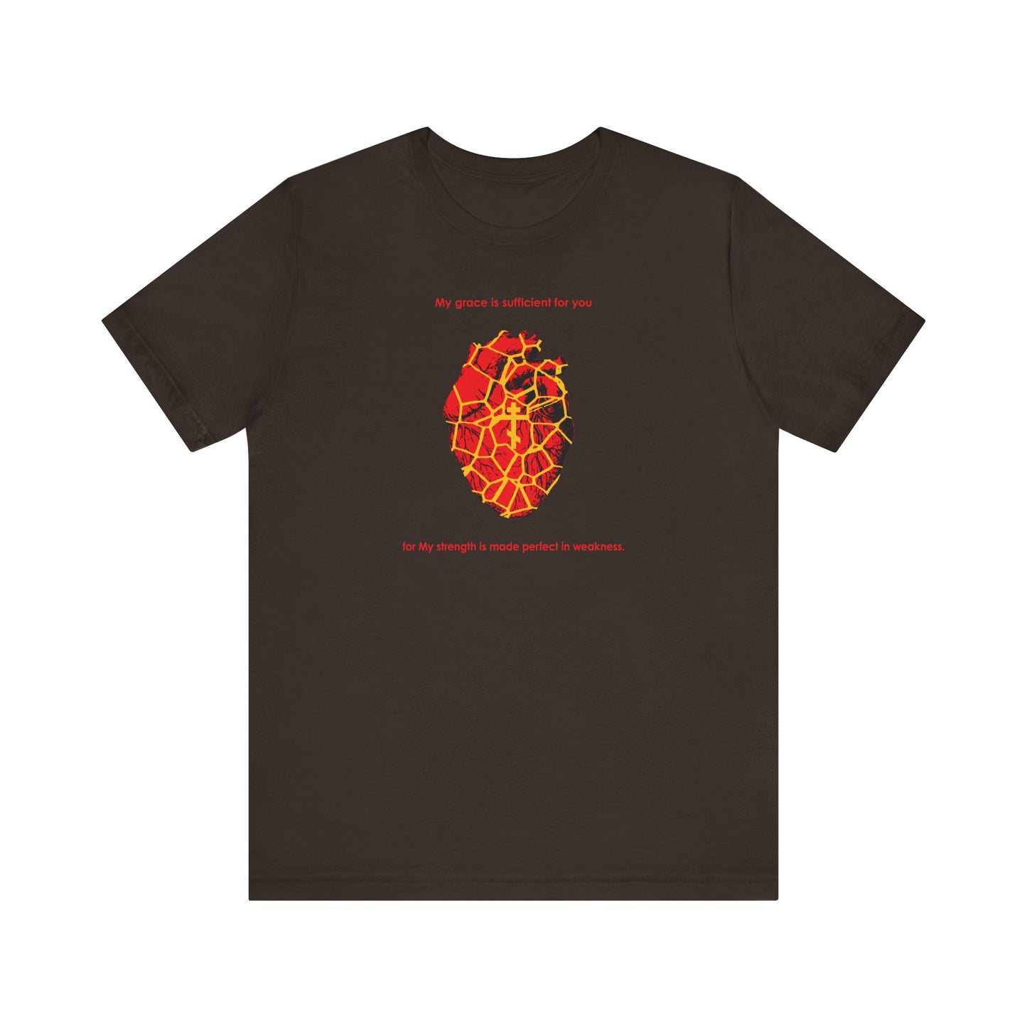 My Strength is Made Perfect in Weakness (2 Cor 12:9) | Kintsugi Style Golden Broken Heart | Orthodox Cross | Lightweight Cotton Unisex Tee