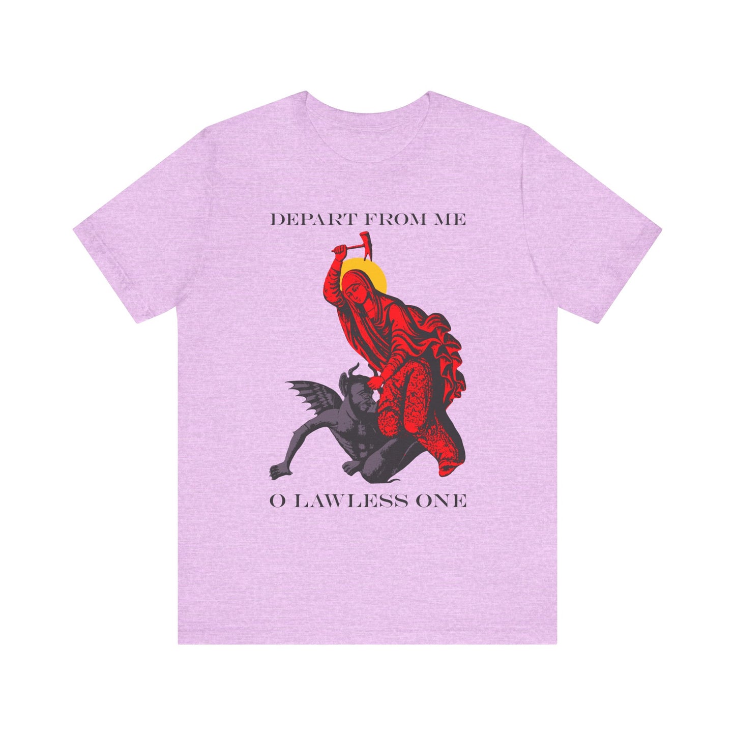 Heather Prism Lilac unisex tee featuring St Marina beating the devil with a hammer, inspired by her legend, with "DEPART FROM ME O LAWLESS ONE" text. Lightweight cotton. St Marina IconoGraphic by IconoGraphic Tees.