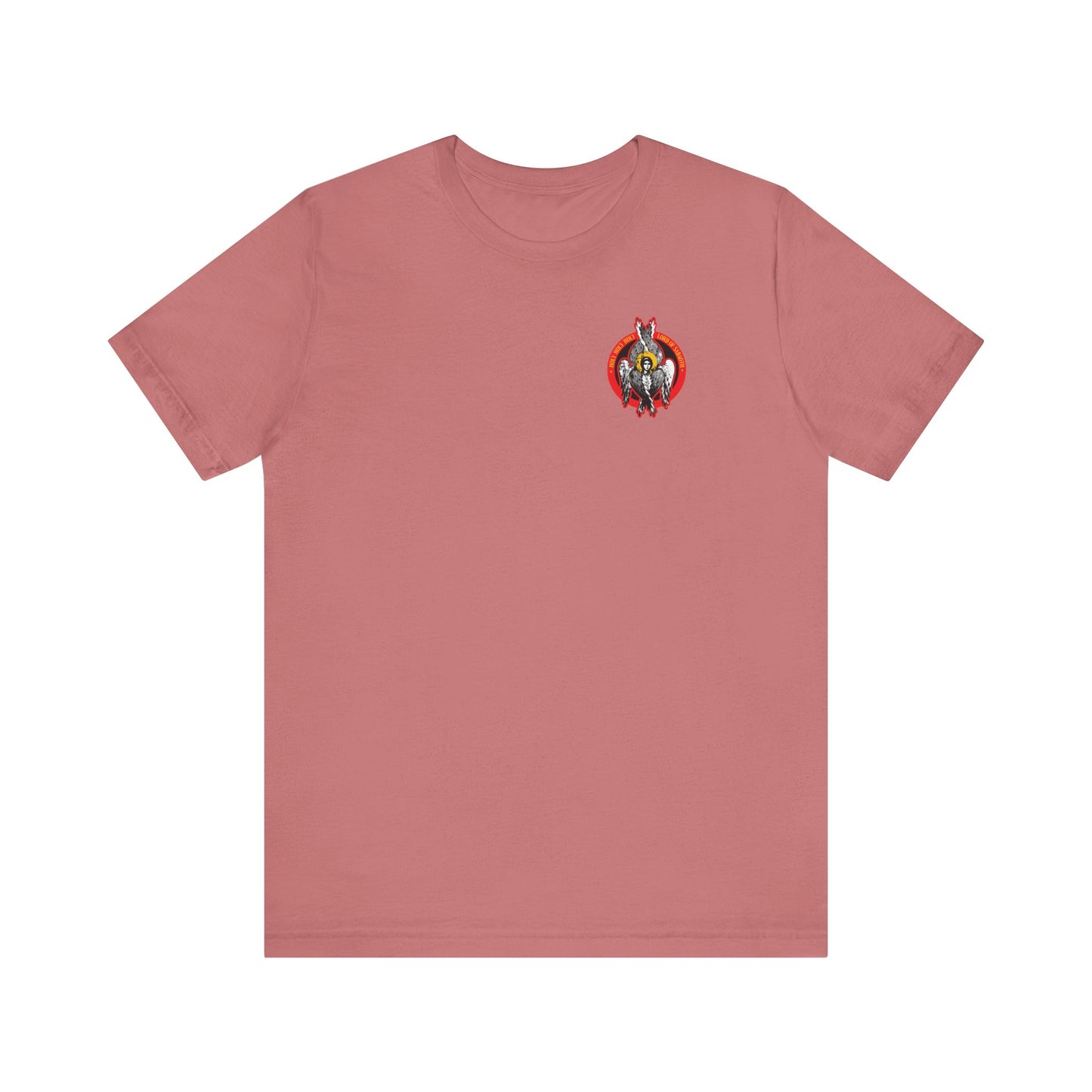 Mauve Holy Holy Holy Seraphim Angel Icono-Graphic T-shirt features a small divine council graphic inspired by Christian themes and the heavenly hosts of God. Lightweight cotton, unisex fit.