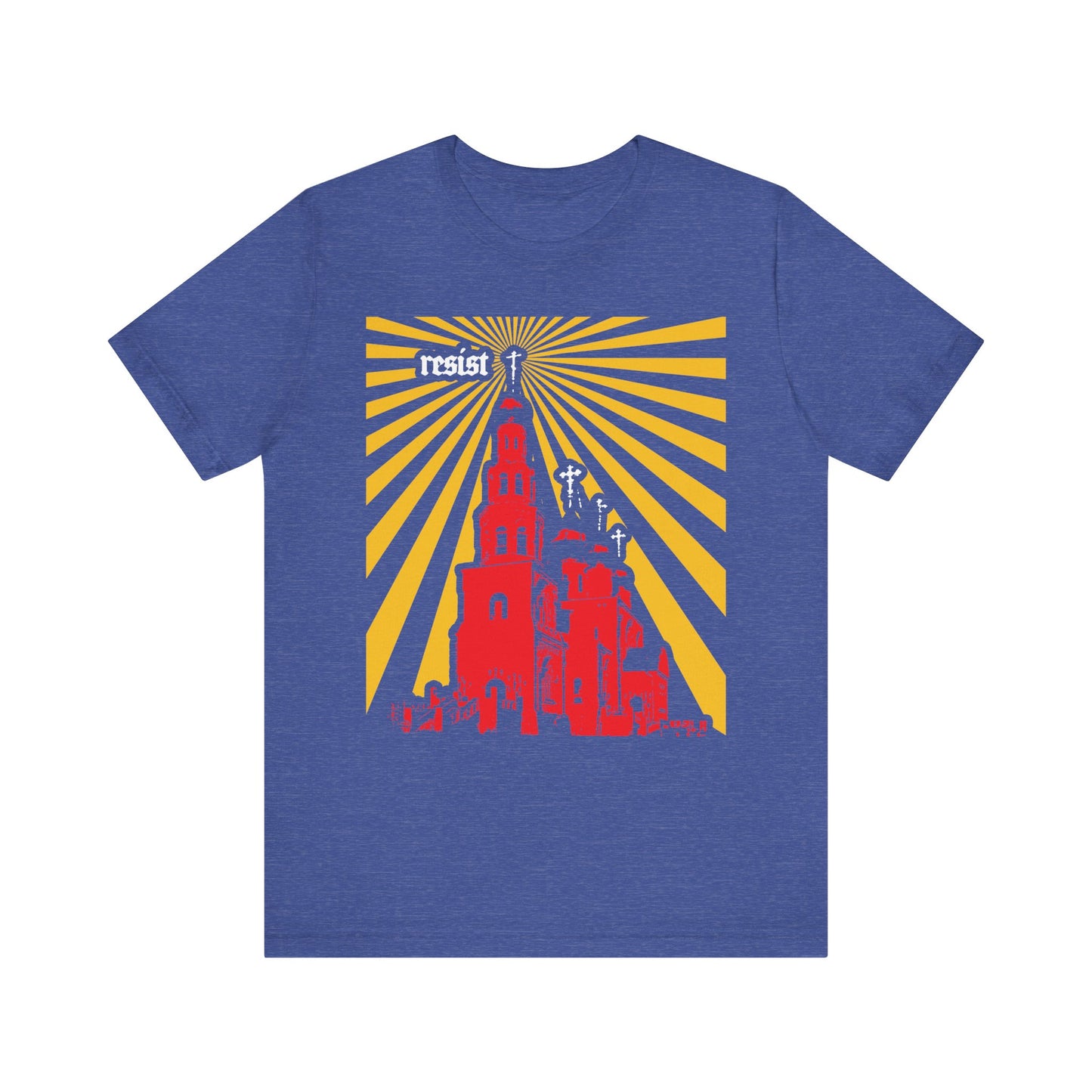 Heather True Royal t-shirt featuring a red church below radiant yellow sun rays and the word “resist” at the top left—a bold statement against the spirit of the age, inspired by St Ignatius Brianchaninov’s reflections on faith and apostasy. This lightweight cotton unisex tee, titled Resist (Orthodoxy Against the World) | The Orthodox Church is a Beacon for the World, boldly proclaims Christian conviction.