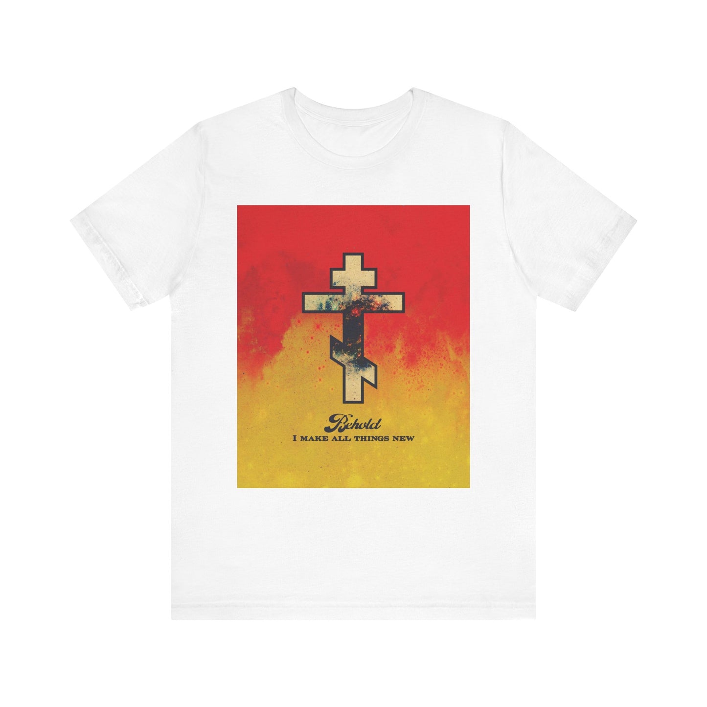 White tee with Cosmic Orthodox Cross on red and yellow background, featuring "Behold, I Make All Things New (Rev 21:5)"—an uplifting Orthodox shirt inspired by the new heavens and new earth. Lightweight unisex cotton.