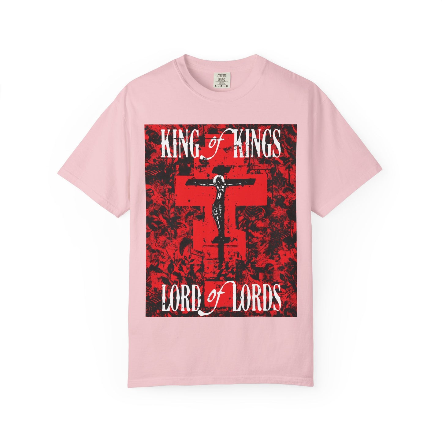 King of Kings, Lord of Lords | Christ Crucified Icono-Graphic | Red Cross Nature Texture w/ White Text | Heavyweight Cotton Unisex Tee