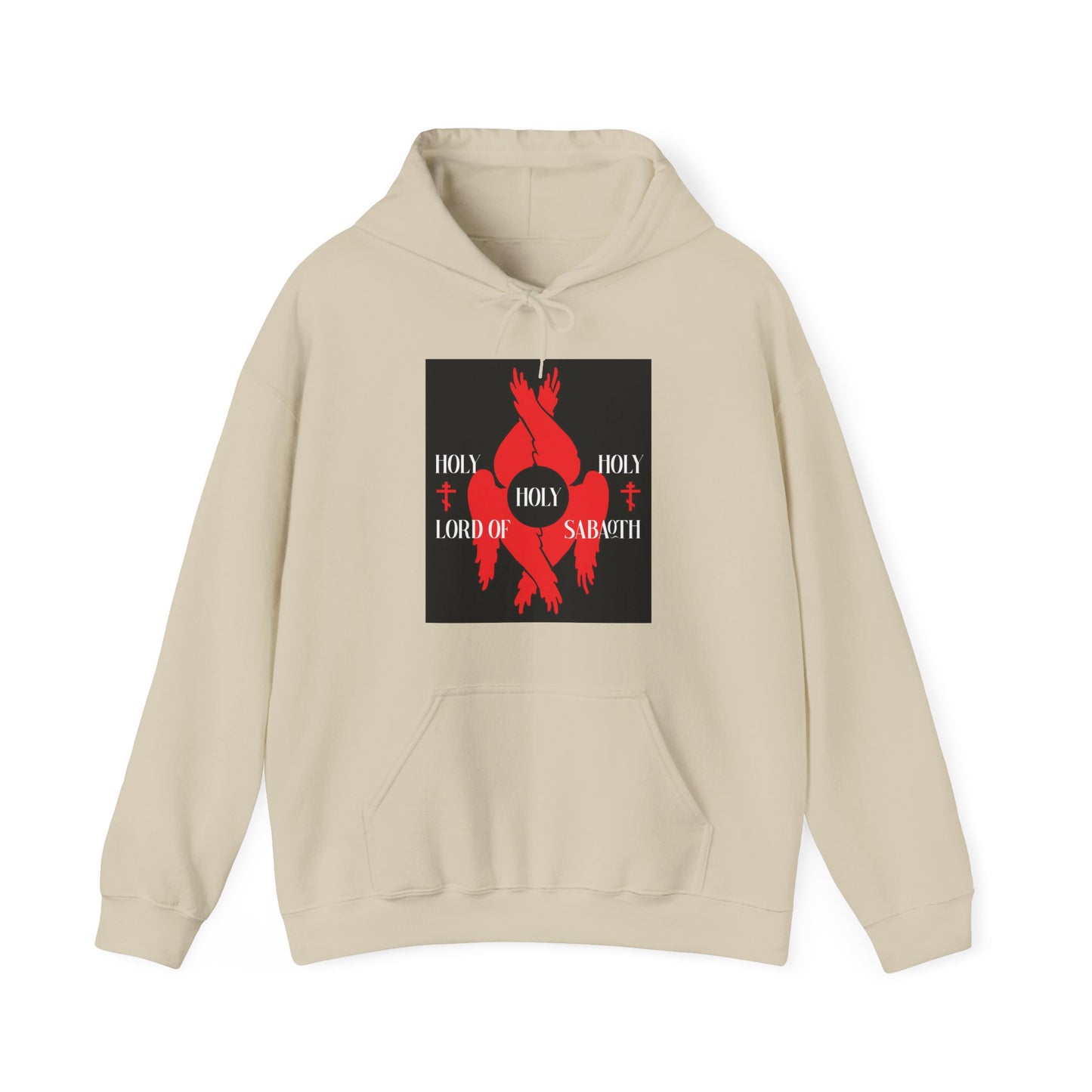 Sand hoodie featuring bold red and black graphics: "Holy Holy Holy Lord of Sabaoth," Isaiah 6:3, red Orthodox crosses, seraphim wing imagery, and Divine Council inspiration.