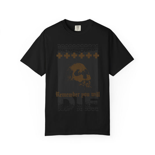 Certainly! Here’s a rewritten version of the sentence using your product data: The Black & Bronze "Remember You Will Die" tee features a skull, lace fringes with small crosses, and gothic text—an intense Orthodox-inspired design on heavyweight cotton that echoes Elder Ephraim of Arizona's meditations on mortality and the sons of God remembering their end rather than relying on worldly defenses.