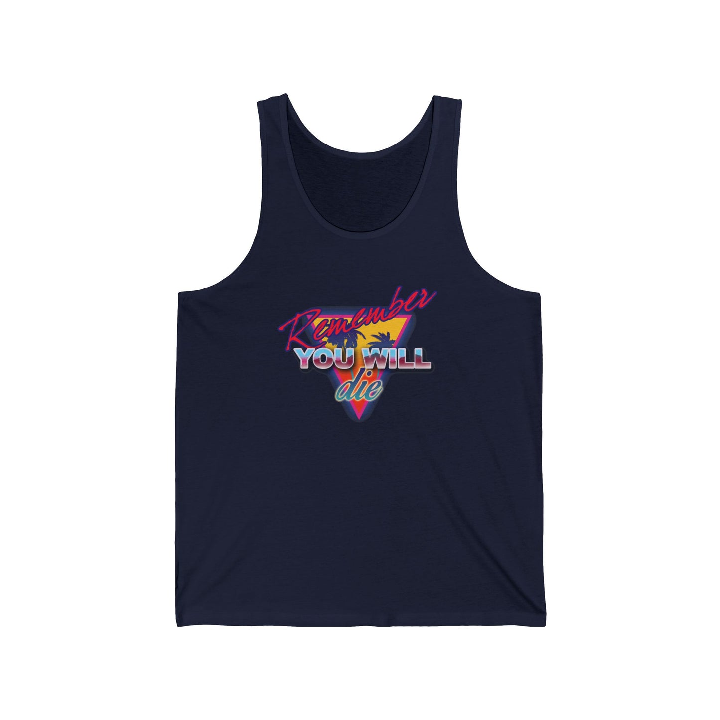 Navy cotton tank top featuring “Remember You Will Die” in colorful 80s retro synthwave lettering with a palm tree, inspired by Orthodox Christian memento mori themes and St. John Climacus.