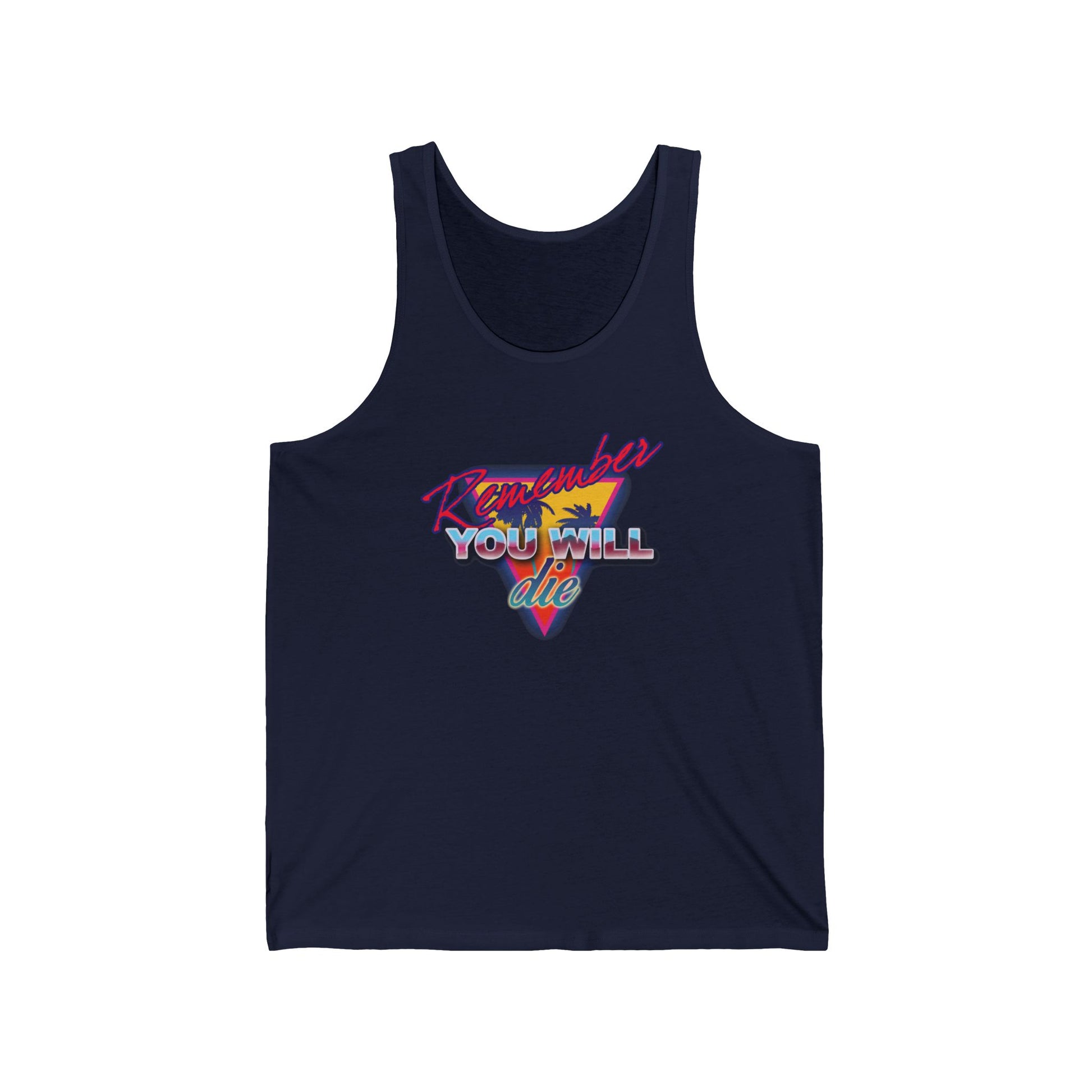 Navy cotton tank top featuring “Remember You Will Die” in colorful 80s retro synthwave lettering with a palm tree, inspired by Orthodox Christian memento mori themes and St. John Climacus.