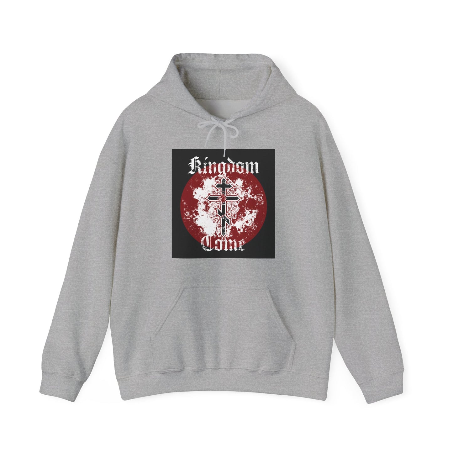 Sport Grey hoodie featuring an Orthodox cross with vine graphic over a red circle and “Kingdom Come” in textured Gothic font on the front, inspired by the Lord’s Prayer.