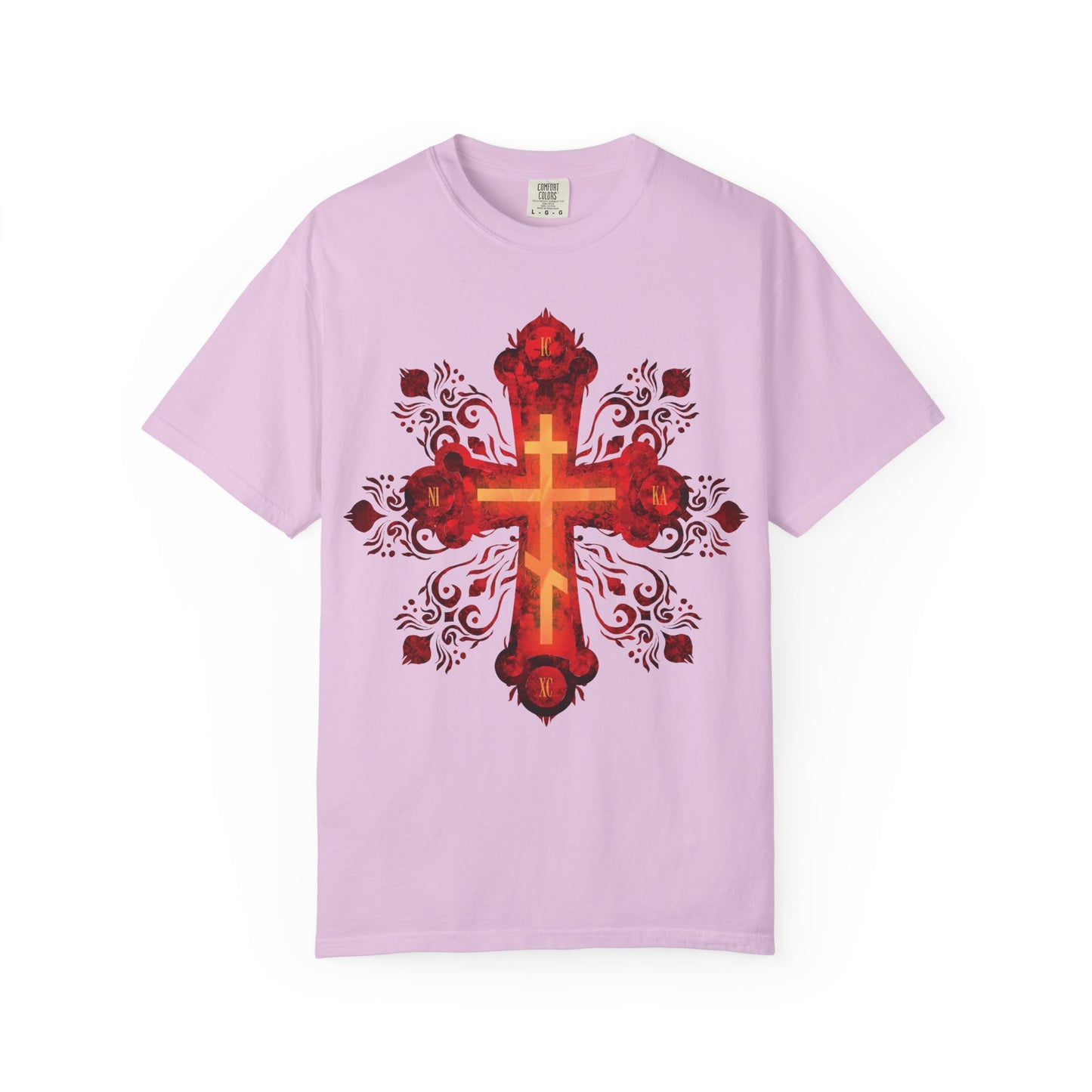 Orchid Red & Gold Ornate Russian Style Precious & Life-Giving Orthodox Cross heavyweight cotton unisex tee featuring a bold cross graphic at the center, inspired by the faith of St. Herman of Alaska and the spirit of a Christian warrior, with the phrase “He was pierced for our transgressions.”.