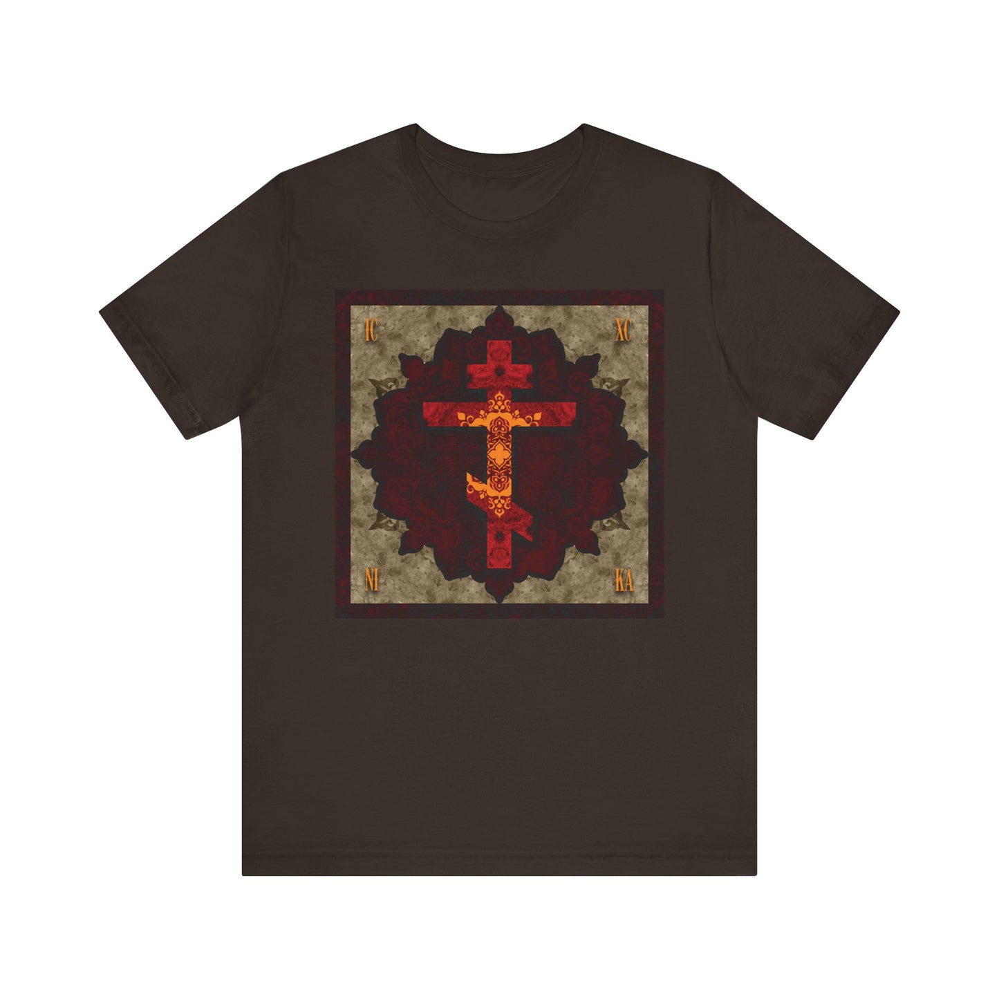 ICXC NIKA Artistic Textured Red & Gold Russian Cross Orthodox Christian Lightweight Cotton Unisex T-Shirt in brown, featuring a red cross with ornate dark and gold patterning at the center, inspired by Christian virtues and the humility of St. John of Shanghai and San Francisco.