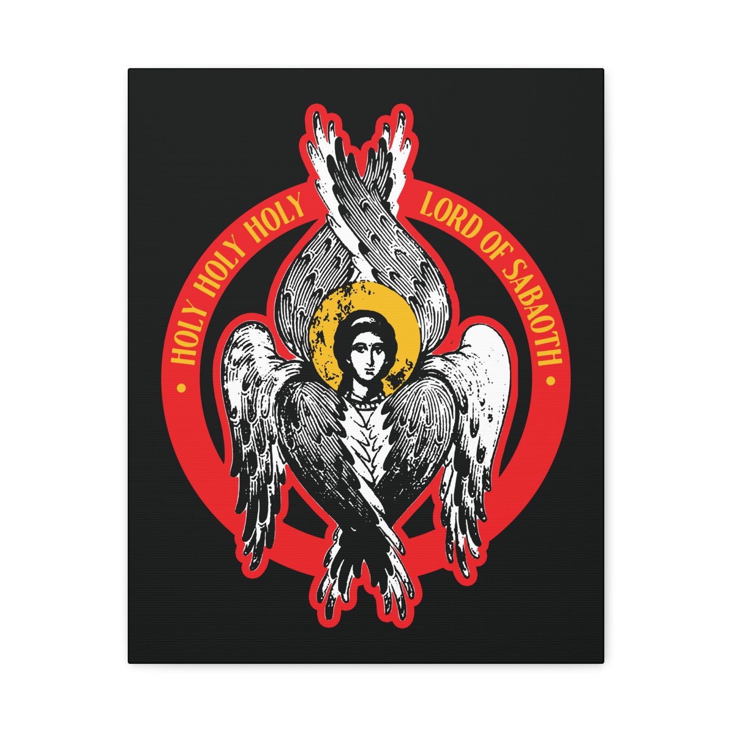 A stylized Orthodox Seraphim angel from Isaiah 6 with six wings and a human face, encircled by the text "Holy Holy Holy Lord of Sabaoth," featured in Christian wall art titled "Holy Holy Holy, Lord of Hosts | Unseen Realm.
