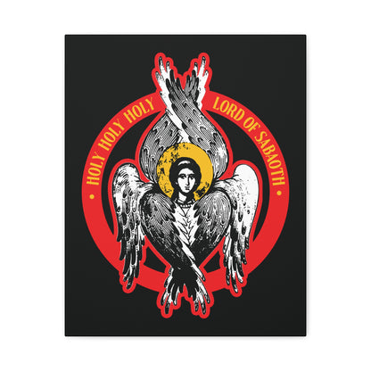 A stylized Orthodox Seraphim angel from Isaiah 6 with six wings and a human face, encircled by the text "Holy Holy Holy Lord of Sabaoth," featured in Christian wall art titled "Holy Holy Holy, Lord of Hosts | Unseen Realm.