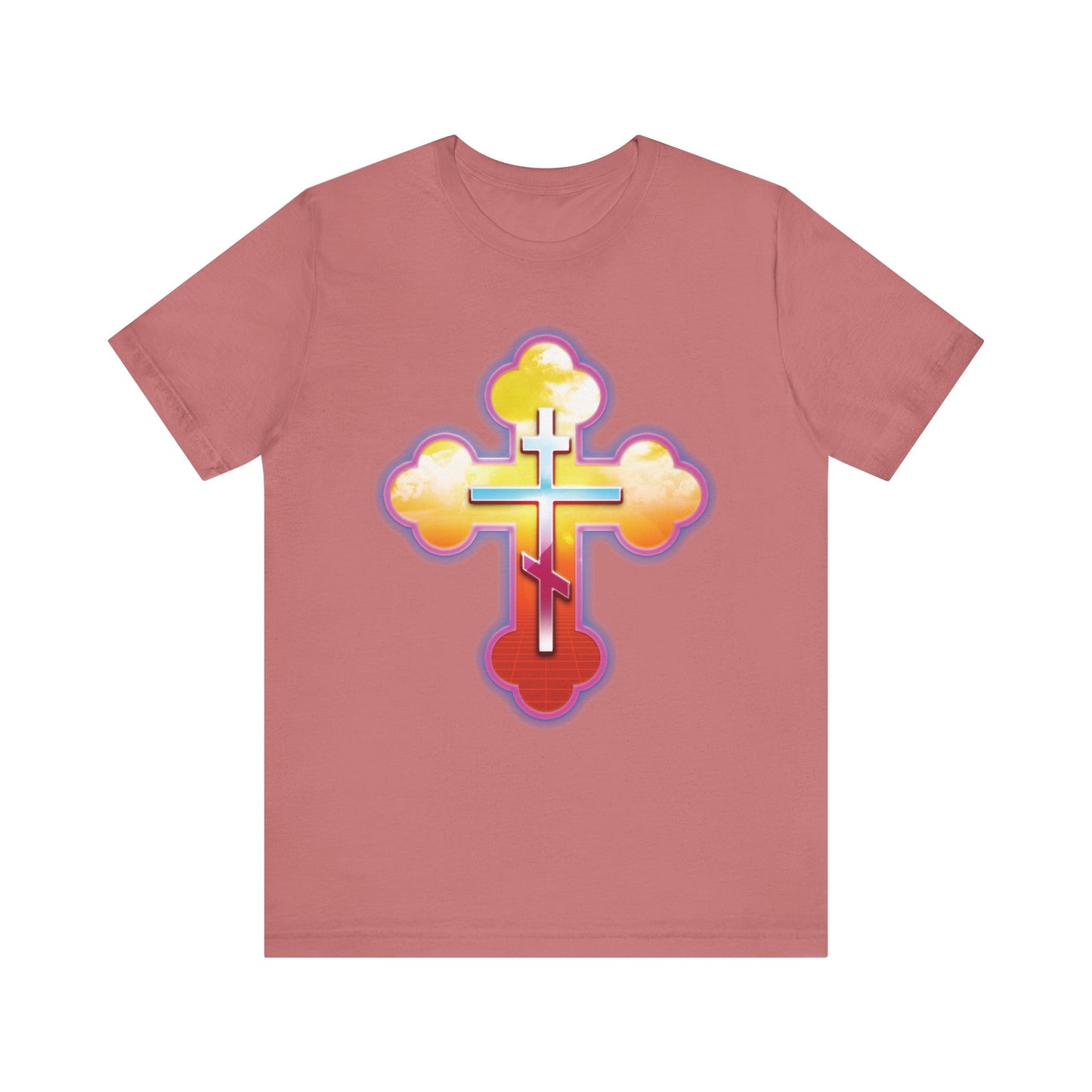 80s Synthwave Retrowave Outrun Aesthetic | Glowing & Reflective Gold & Red Three-Bar Cross | Lightweight Cotton Unisex Tee