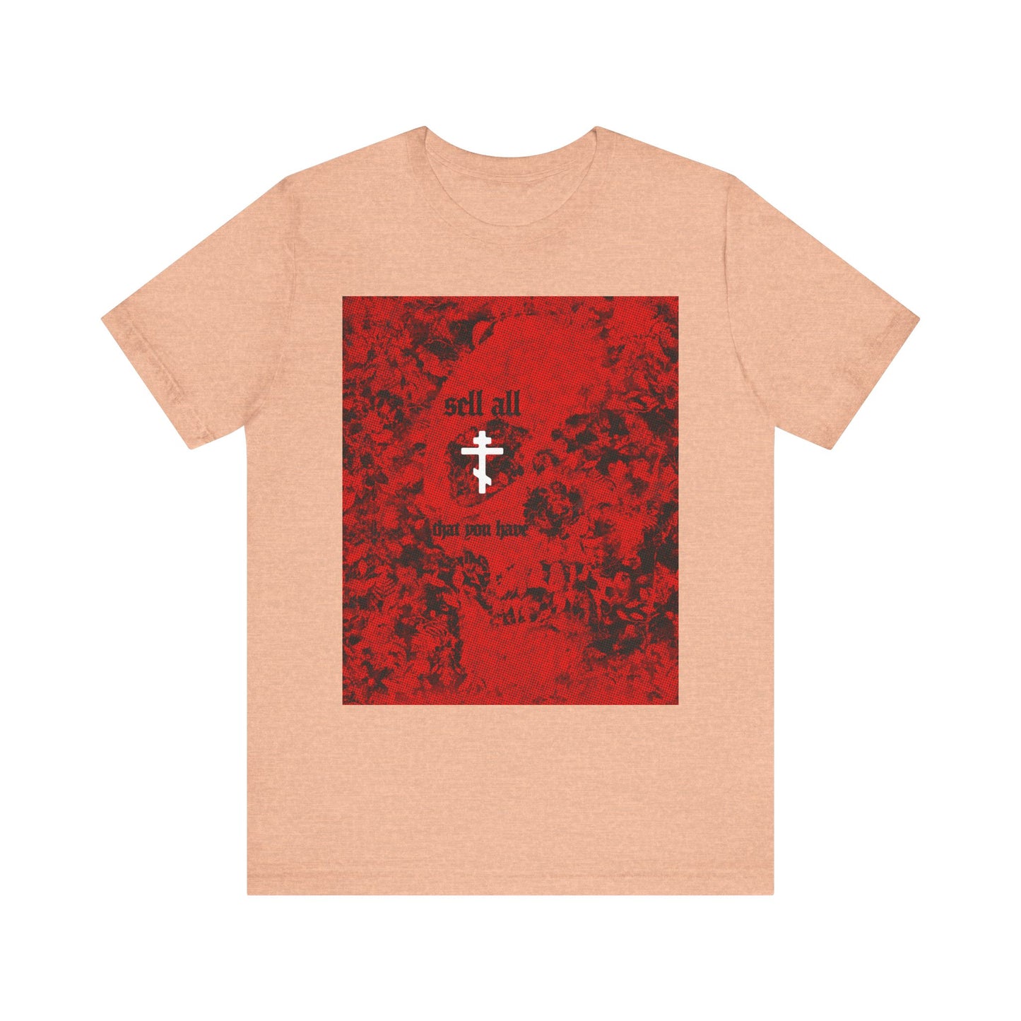 Heather peach t-shirt featuring a red halftone skull and a white Orthodox cross, with the phrase "sell all that you have" inspired by Matthew 19:21, reflecting the call to follow Christ and inherit eternal life.