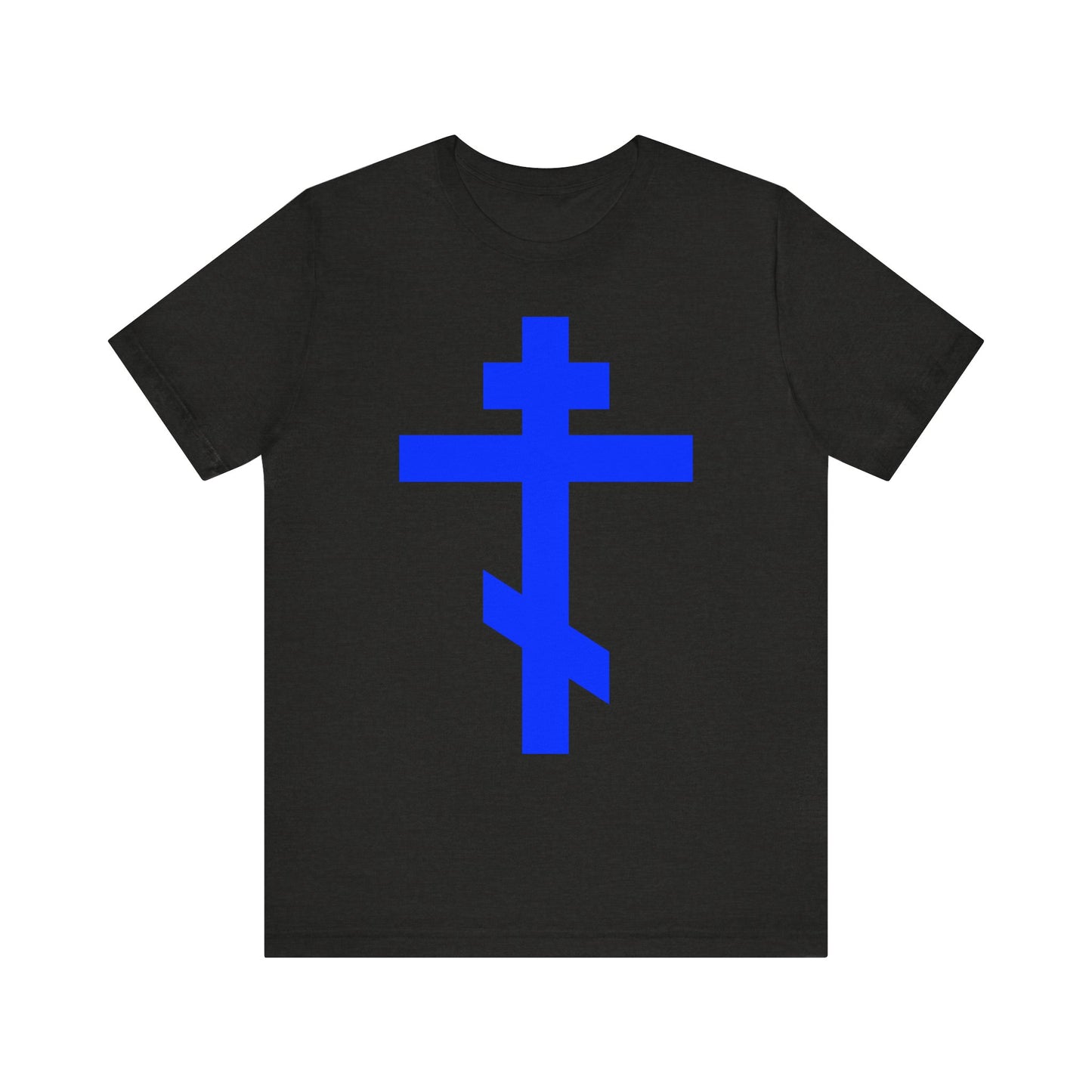Black Heather t-shirt featuring a prominent royal blue Orthodox Tribar Cross design on the front, with "Preserve Thy People By Thy Cross, O Lord" and "Christ is King" inscriptions; lightweight cotton unisex tee symbolizing salvation through the Lord.