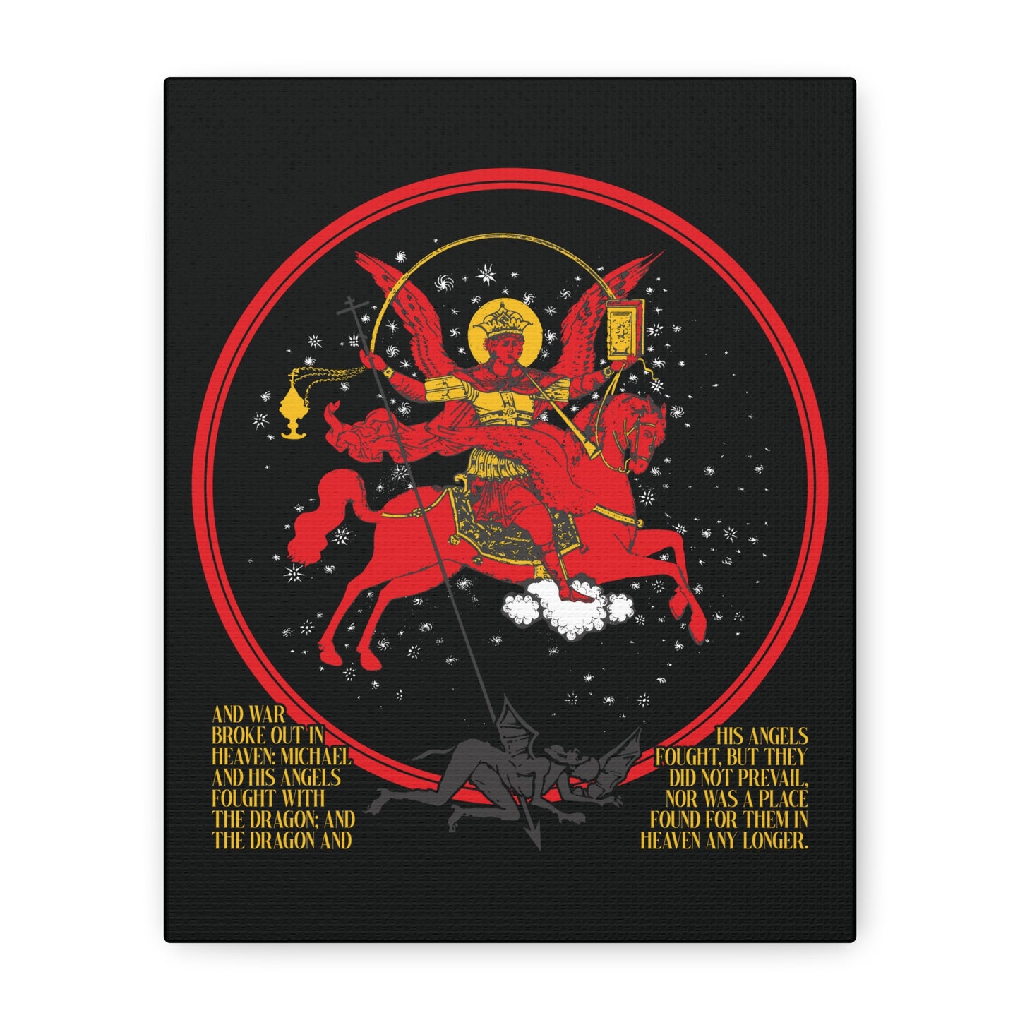 The "Archangel Michael of the Apocalypse Icono-Graphic" canvas art depicts Michael with sword and shield battling a black dragon in a starry circle, inspired by Revelation 12:7-9. Text appears below the image.