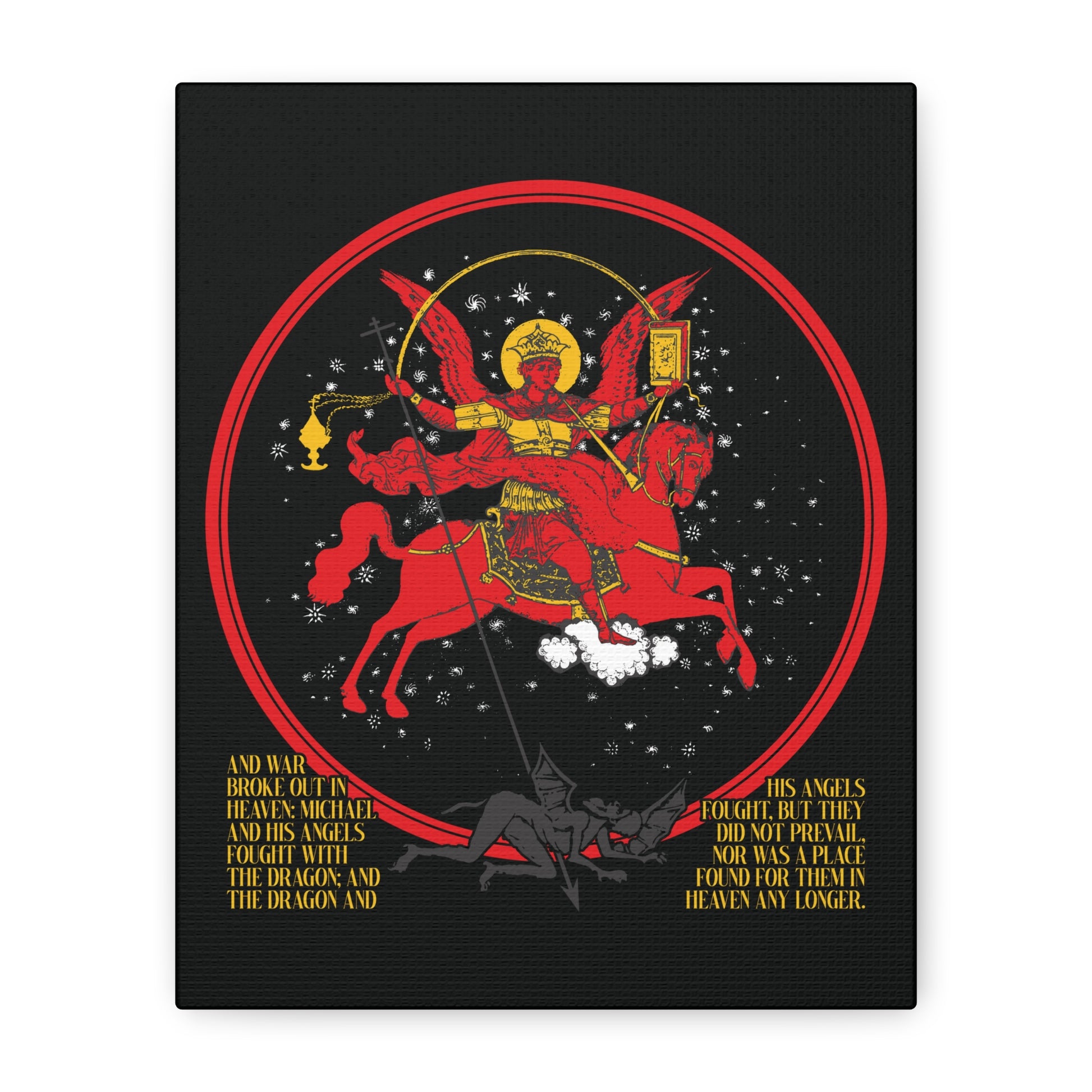 The "Archangel Michael of the Apocalypse Icono-Graphic" canvas art depicts Michael with sword and shield battling a black dragon in a starry circle, inspired by Revelation 12:7-9. Text appears below the image.