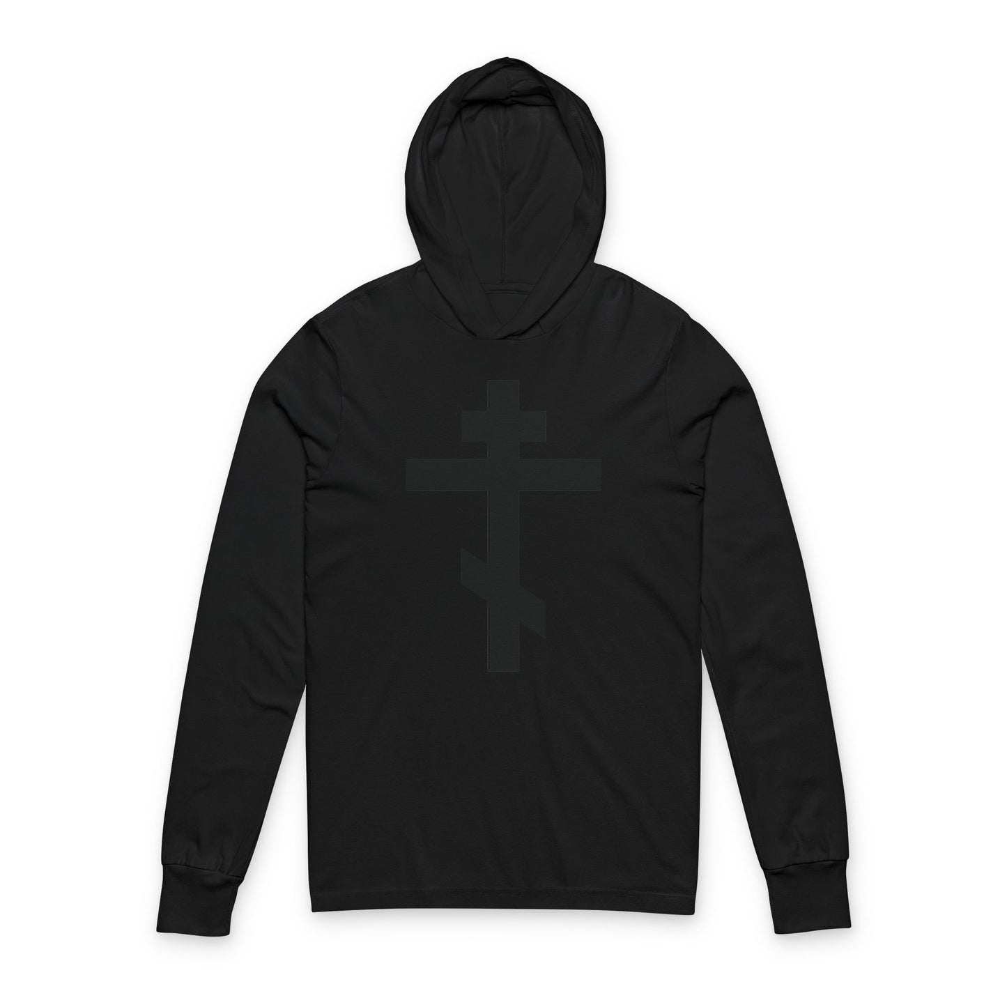 Black On Black Orthodox Cross | Preserve Thy People By Thy Cross, O Lord | Christ is King | Orthodox Long Sleeve Hooded Cotton Shirt