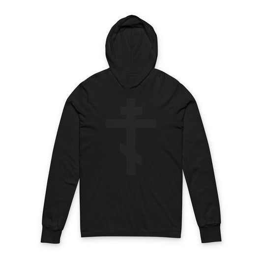 Black On Black Orthodox Cross | Preserve Thy People By Thy Cross, O Lord | Christ is King | Orthodox Long Sleeve Hooded Cotton Shirt