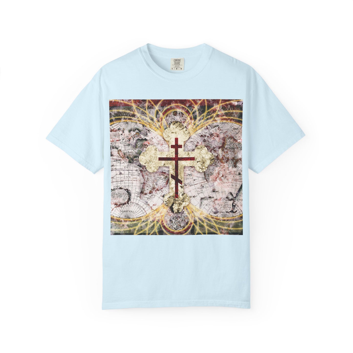 Chambray T-shirt featuring a red Orthodox Cross on an antique map with glowing magnetic lines, inspired by the Conqueror of Death theme from Revelation 1:18.