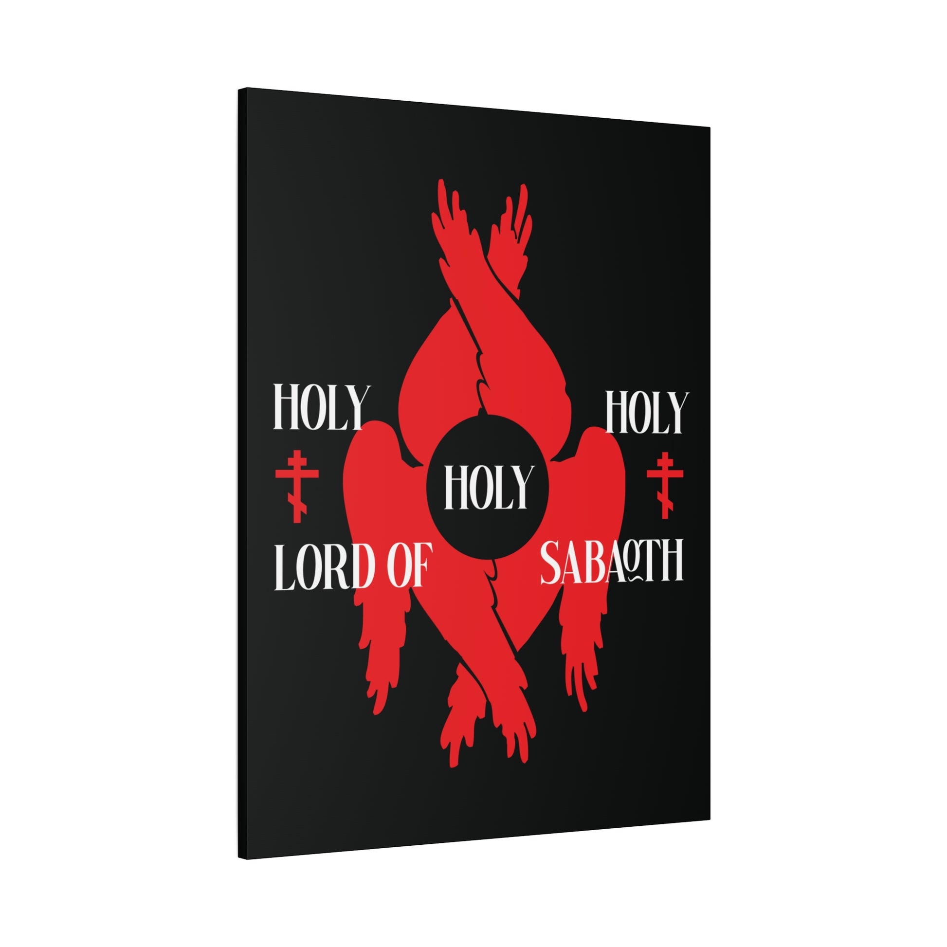 Red seraphim with six wings and Orthodox crosses, "Holy Holy Holy Lord of Sabaoth" text (Isaiah 6:3), inspired by the Divine Council on a black background—Christian canvas art.