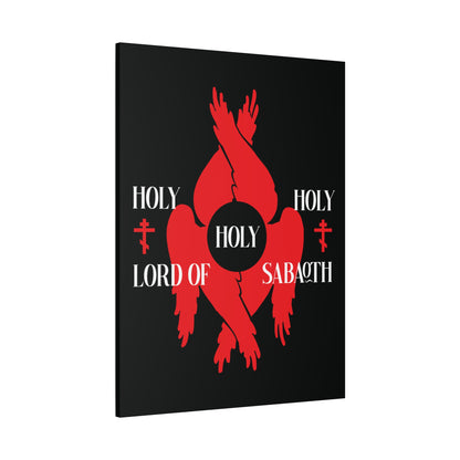 Red seraphim with six wings and Orthodox crosses, "Holy Holy Holy Lord of Sabaoth" text (Isaiah 6:3), inspired by the Divine Council on a black background—Christian canvas art.