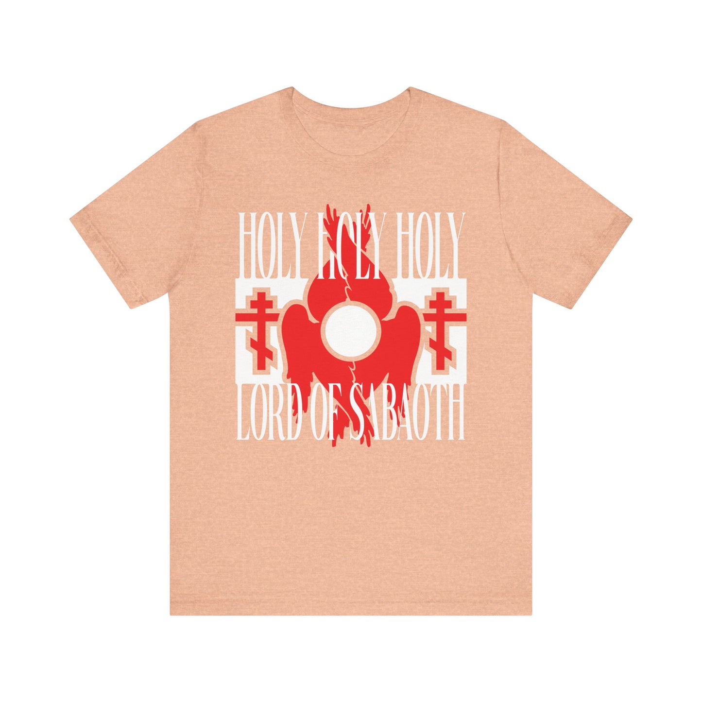 Heather Peach unisex tee featuring red seraphim wings, Orthodox crosses, and "HOLY HOLY HOLY LORD OF SABAOTH" (Isaiah 6:3)—a tribute to divine liturgy and celestial beings. Lightweight cotton.