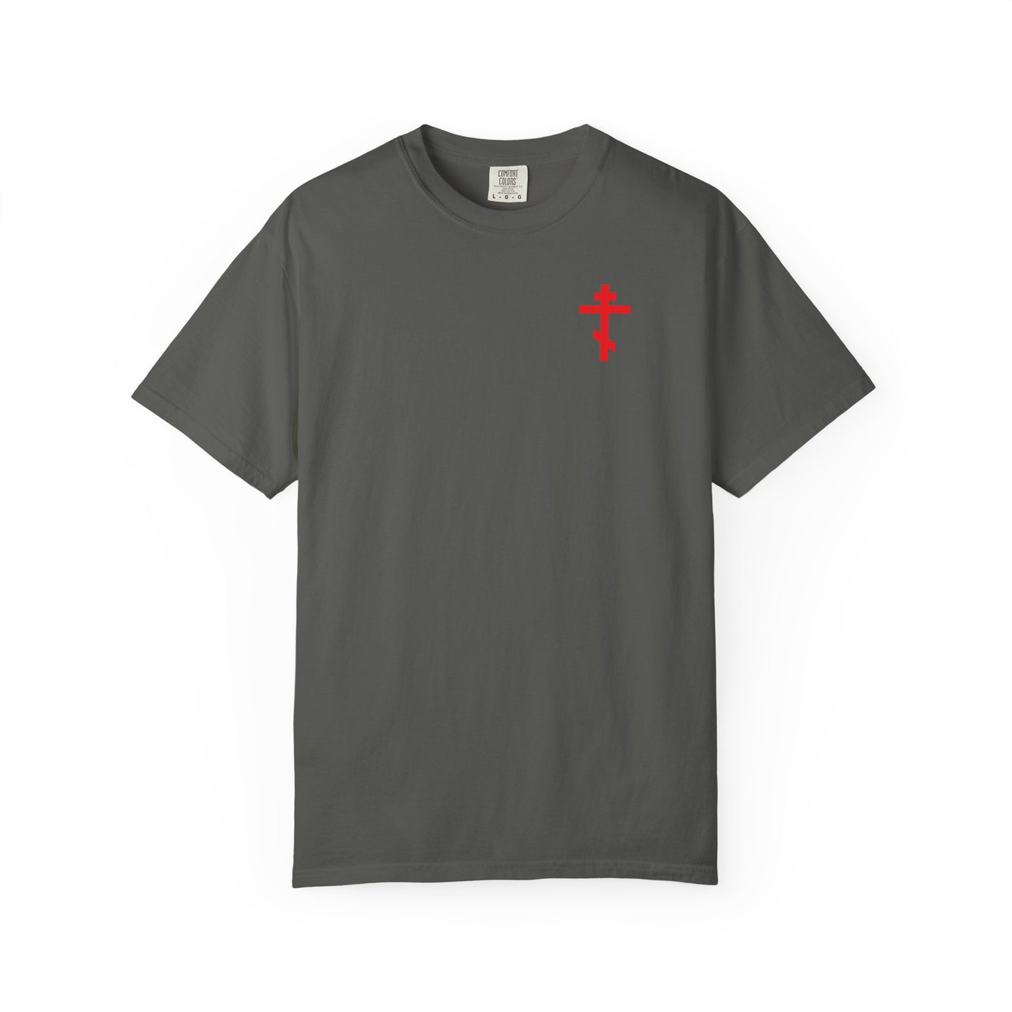 Pepper-colored heavyweight cotton unisex tee featuring a small red Orthodox cross on the left chest and bold "O Death Where is Thy Victory?" design on the back, inspired by Resurrection and the enduring faith celebrated by St. Romanos the Melodist.