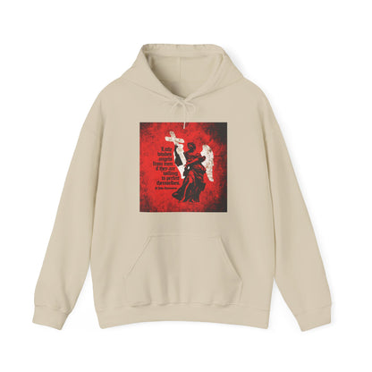 Sand hoodie titled "Little Divides Angels from Men | Christian Perfection | St John Chrysostom" featuring a textured cemetery angel graphic, inspired by Orthodox Christian faith.