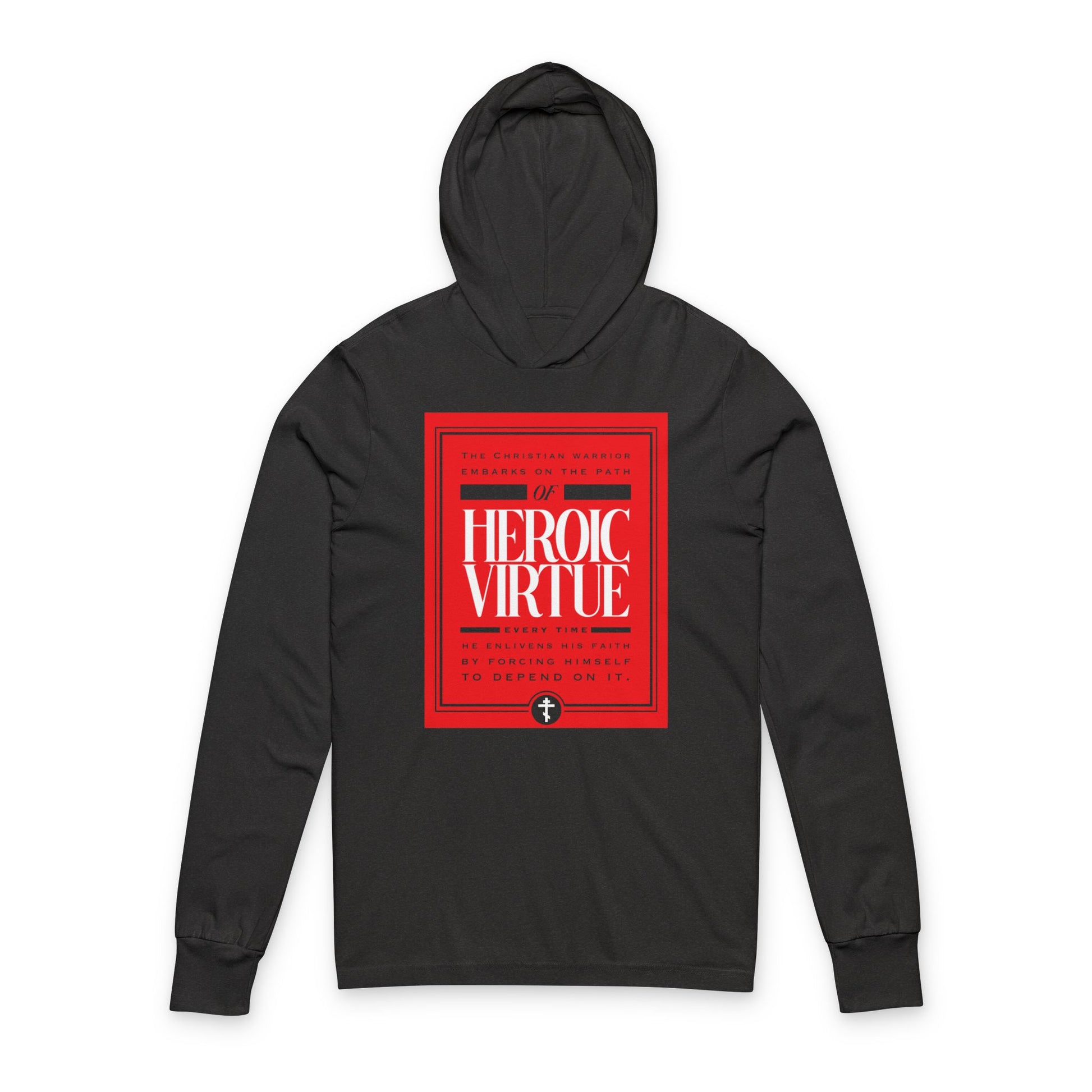 Charcoal Black TriBlend hoodie featuring "Christian Warrior | Path of Heroic Virtue" in red and white, inspired by ascetic ethos and Philippians 4:13, with devotional quote and small text below.