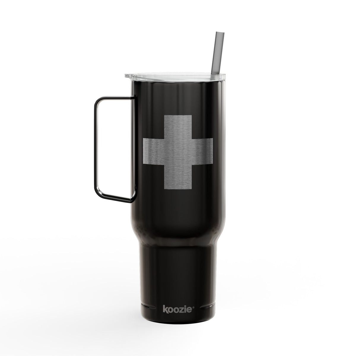 Minimalist Cross Engraved 40oz Koozie Tumbler in black—an insulated stainless steel travel accessory featuring a handle, straw, and elegant cross engraving on the front. Perfect for Orthodox Christians seeking daily inspiration or as a thoughtful gift for the Exaltation of the Cross.