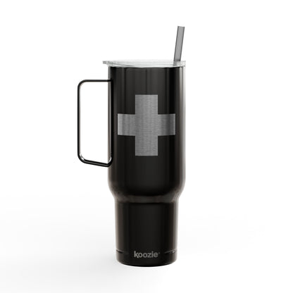 Minimalist Cross Engraved 40oz Koozie Tumbler in black—an insulated stainless steel travel accessory featuring a handle, straw, and elegant cross engraving on the front. Perfect for Orthodox Christians seeking daily inspiration or as a thoughtful gift for the Exaltation of the Cross.