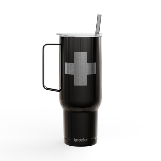 Minimalist Cross Engraved 40oz Koozie Tumbler in black—an insulated stainless steel travel accessory featuring a handle, straw, and elegant cross engraving on the front. Perfect for Orthodox Christians seeking daily inspiration or as a thoughtful gift for the Exaltation of the Cross.