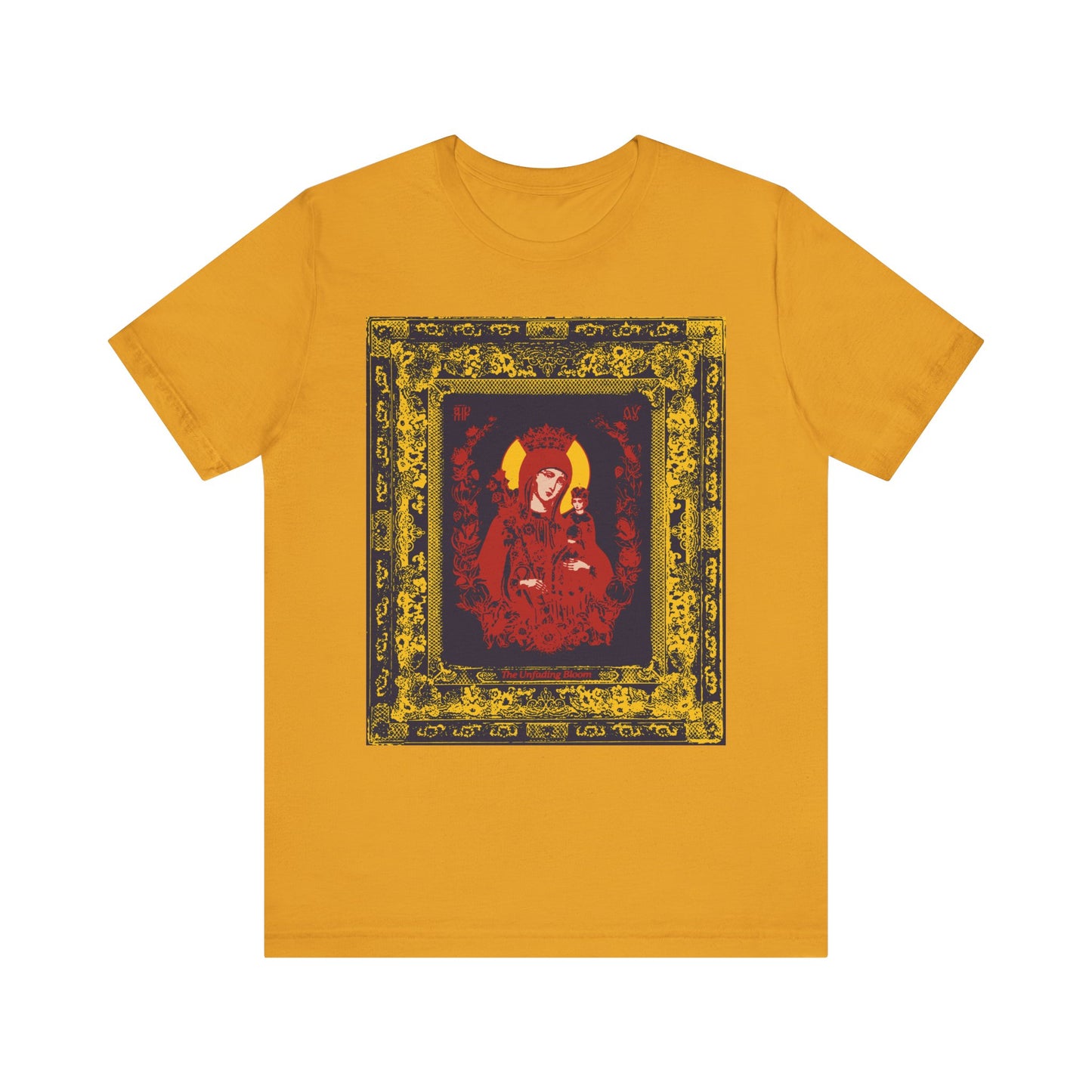 Mustard Unfading Bloom Ornate Theotokos Iconographic t-shirt featuring a framed, artistic red and gold portrait of Mary, the Mother of God—depicted as a radiant crowned figure in homage to the Akathist hymn—printed on soft, lightweight cotton.