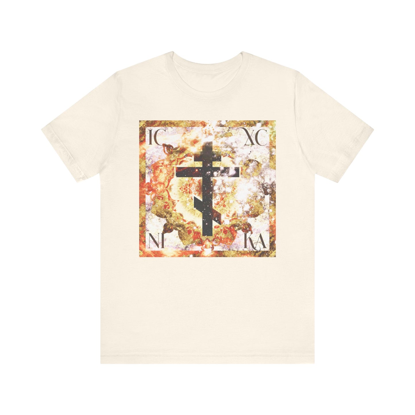 Natural t-shirt featuring an abstract, glowing cosmic art cross with black Orthodox cross motif and Greek letters in each corner, inspired by the mystery of Christ’s Incarnation and the union of the divine and human; ICXC NIKA Beige & Brown Textured Lightweight Cotton Unisex T-Shirt.