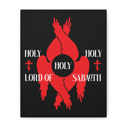 The "Holy Holy Holy Lord of Sabaoth Red Seraphim Wings Orthodox Crosses" canvas art features a red six-winged seraphim on black, with Isaiah 6:3 and Divine Council inspiration, reflecting Christian tradition.