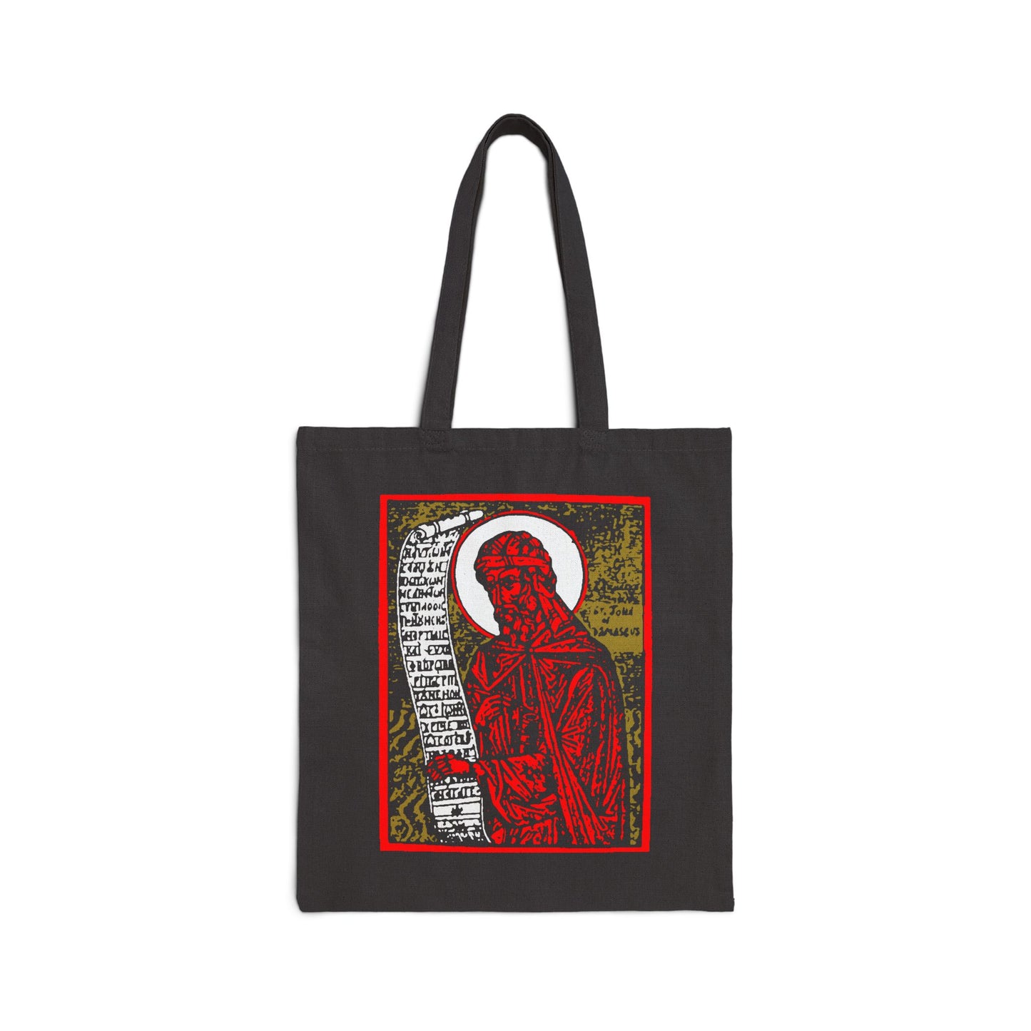 Black cotton tote bag with a high-contrast red and gold graphic inspired by St. John of Damascus Orthodox funeral hymns, featuring an iconic figure holding a scroll.