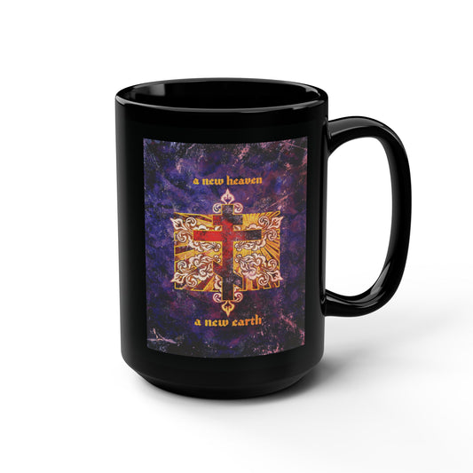 A New Heaven/A New Earth | Red Orthodox Cross on Textured Ornate Background | Orthodox Christian Black Mug