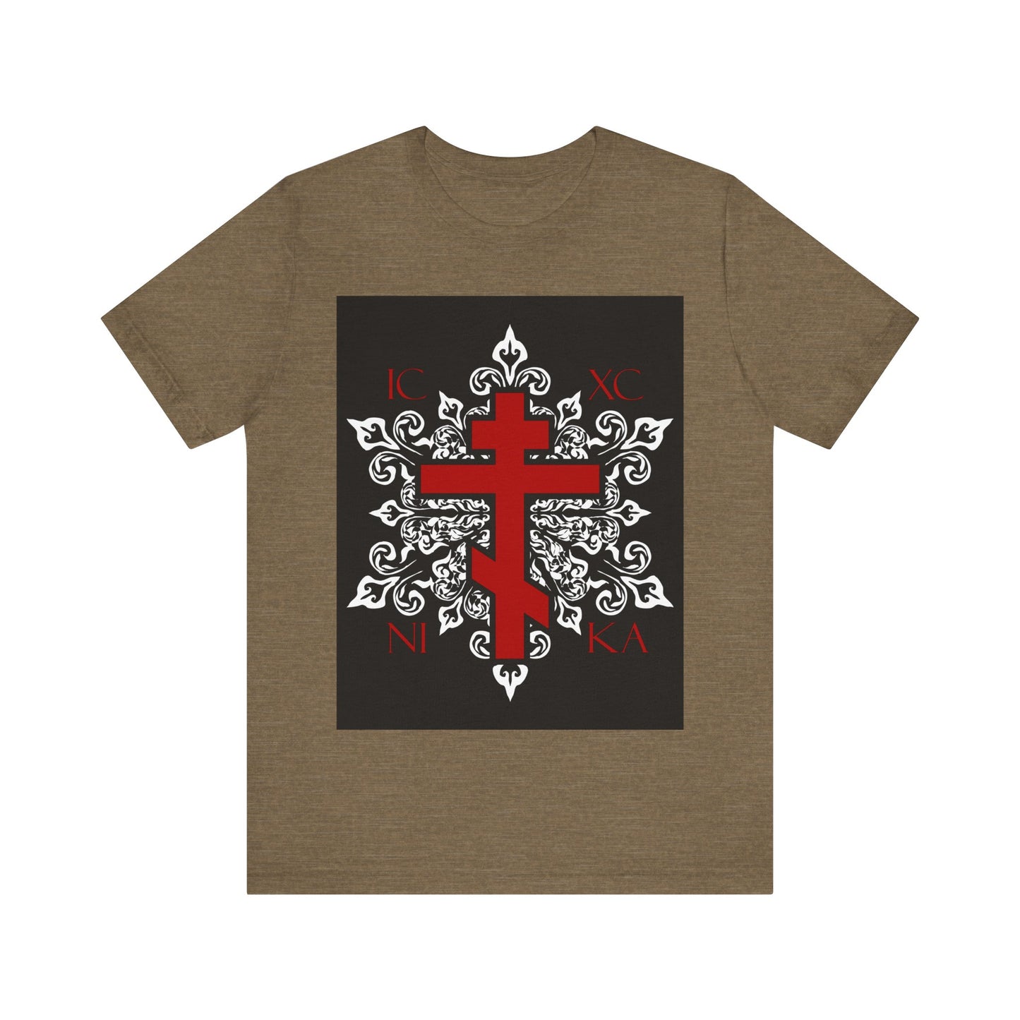ICXC / NIKA Red Orthodox Cross on Ornate White Medieval Floral Design | Exclusive Best-Selling Orthodox Christian T-Shirt