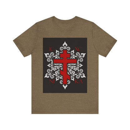 ICXC / NIKA Red Orthodox Cross on Ornate White Medieval Floral Design | Exclusive Best-Selling Orthodox Christian T-Shirt