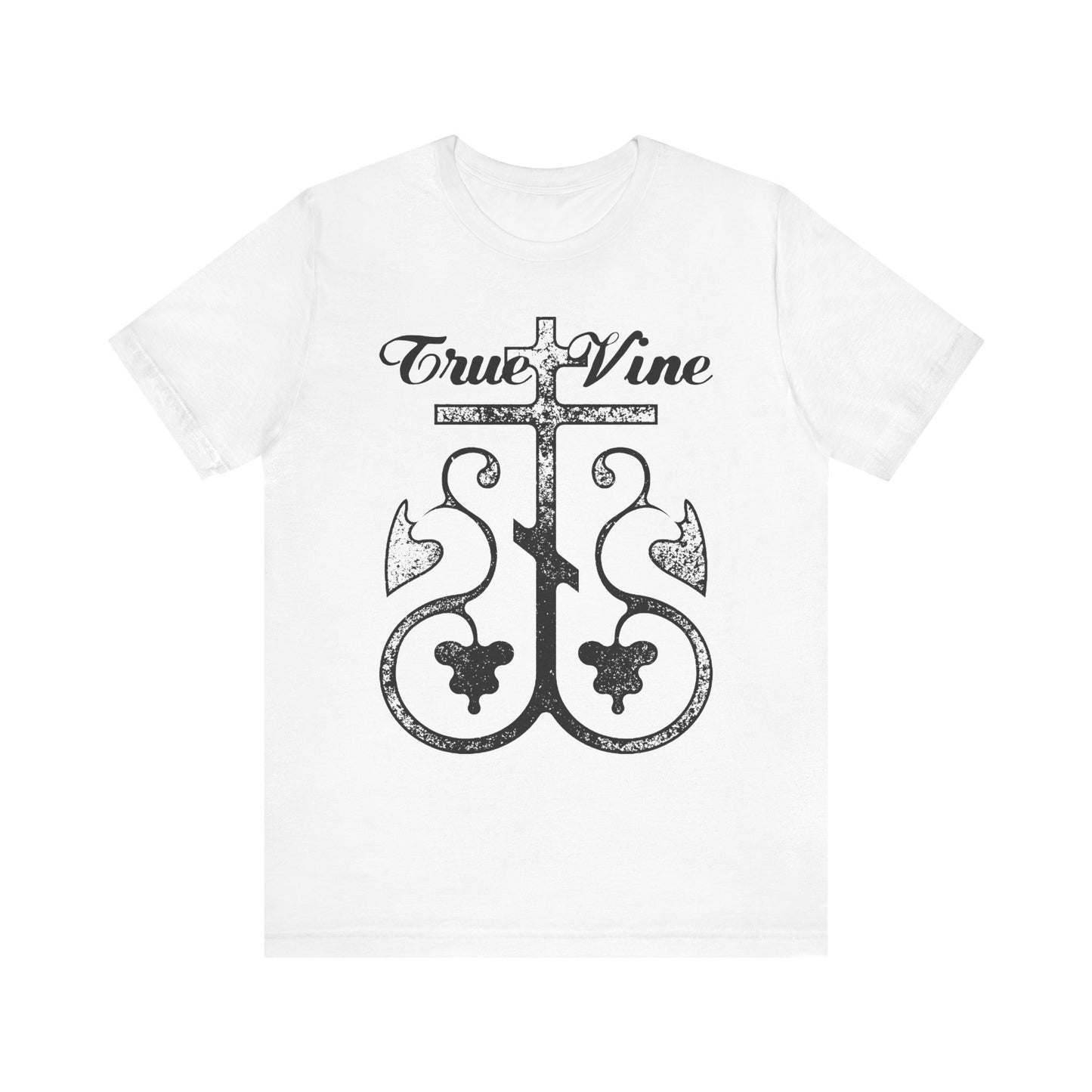 White "I Am the True Vine" unisex T-shirt (John 15, Ezekiel 15) in lightweight cotton features a large black Orthodox cross with grape vine design on the front. Photocopy effect. Color: white.